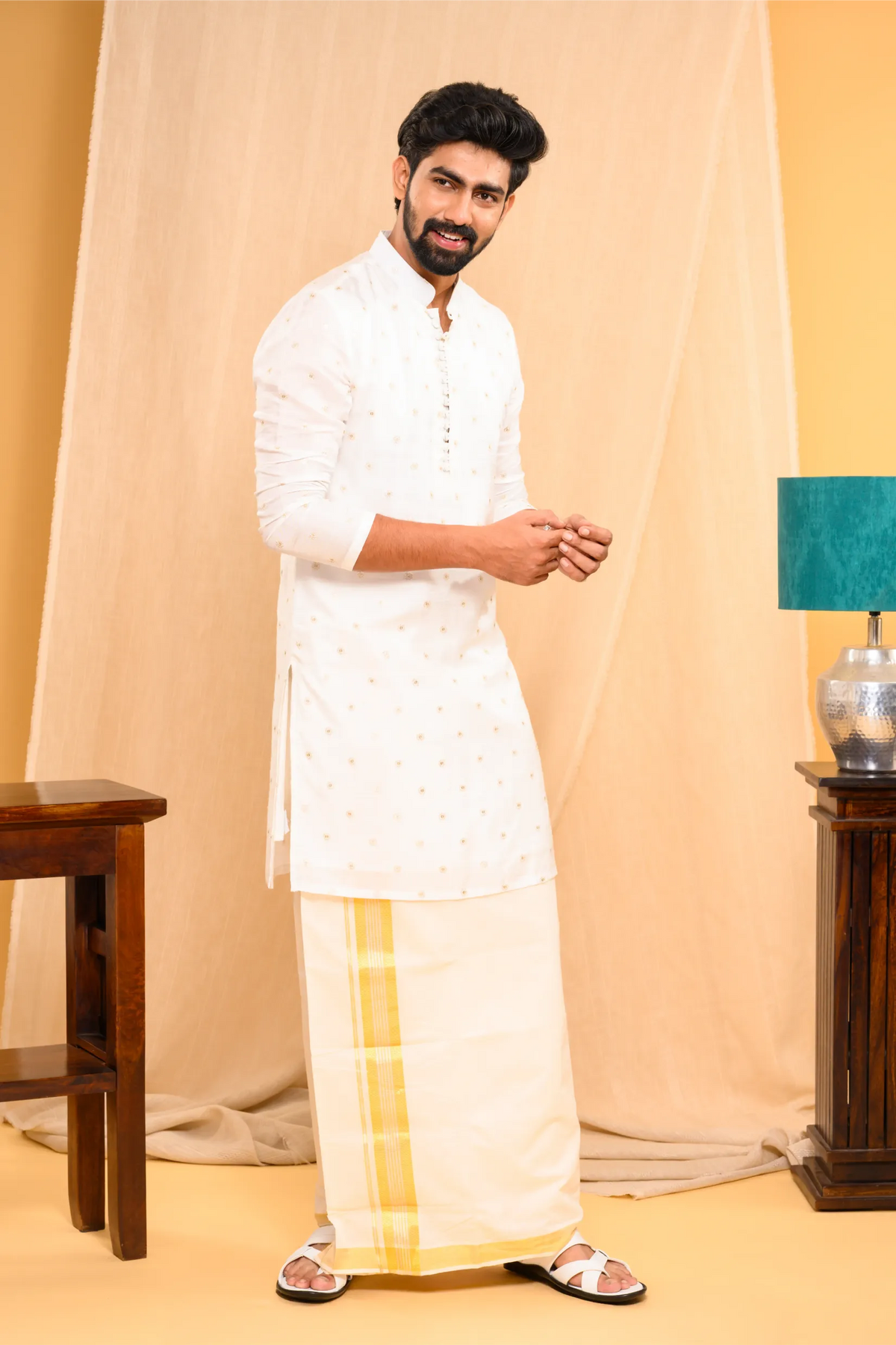 Off- White Silk Kurta with Golden Thread & Sequence Detailing on the body (Kurta Only)