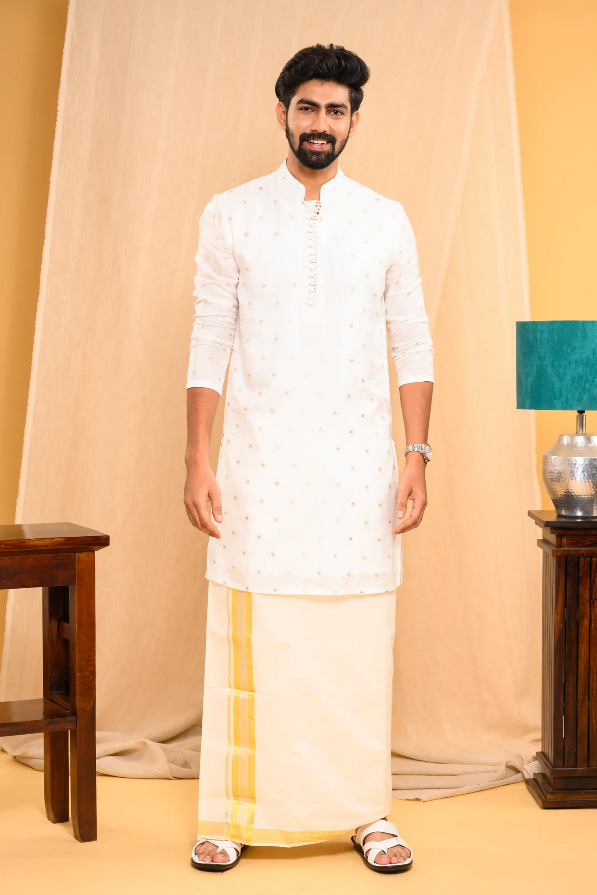 Off- White Silk Kurta with Golden Thread & Sequence Detailing on the body (Kurta Only)