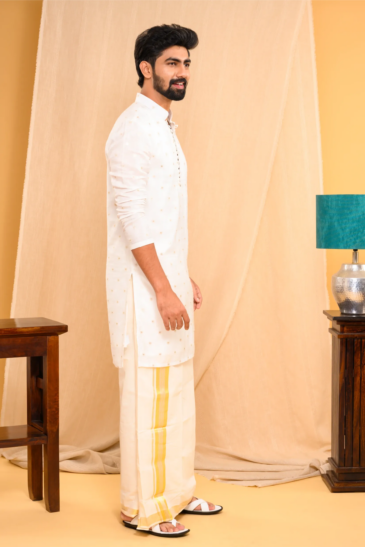 Off- White Silk Kurta with Golden Thread & Sequence Detailing on the body (Kurta Only)