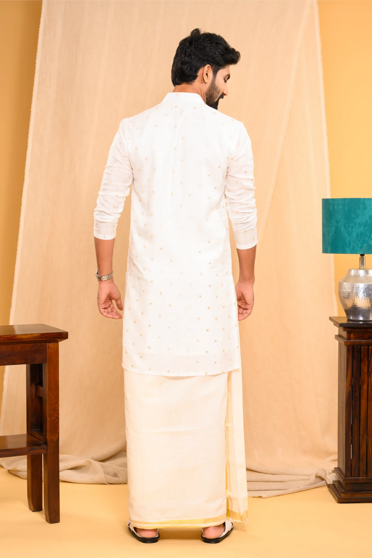 Off- White Silk Kurta with Golden Thread & Sequence Detailing on the body (Kurta Only)