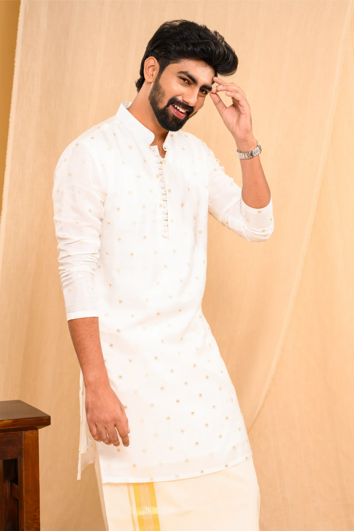 Off- White Silk Kurta with Golden Thread & Sequence Detailing on the body (Kurta Only)