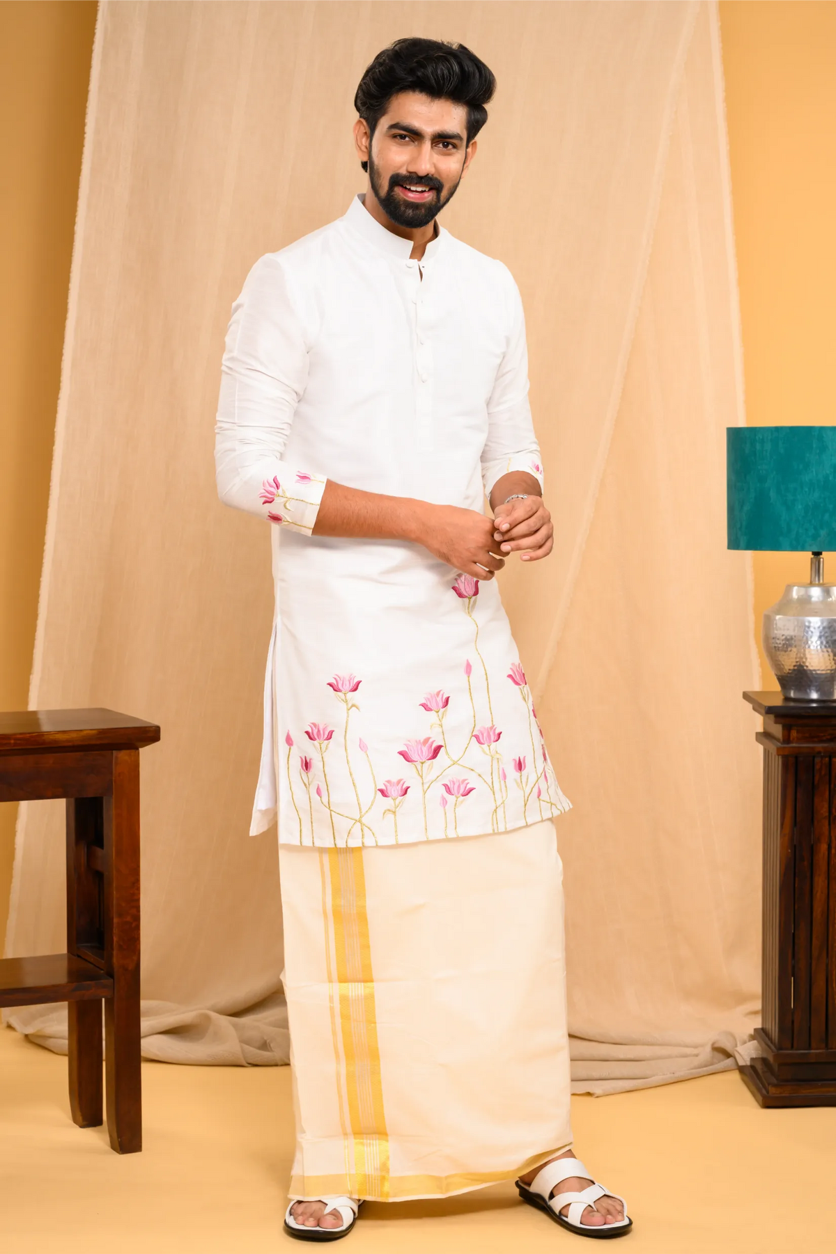 Off- White Silk Kurta with floral embroidery detailing  on sleeves & bottom edges  (Kurta + Munde)
