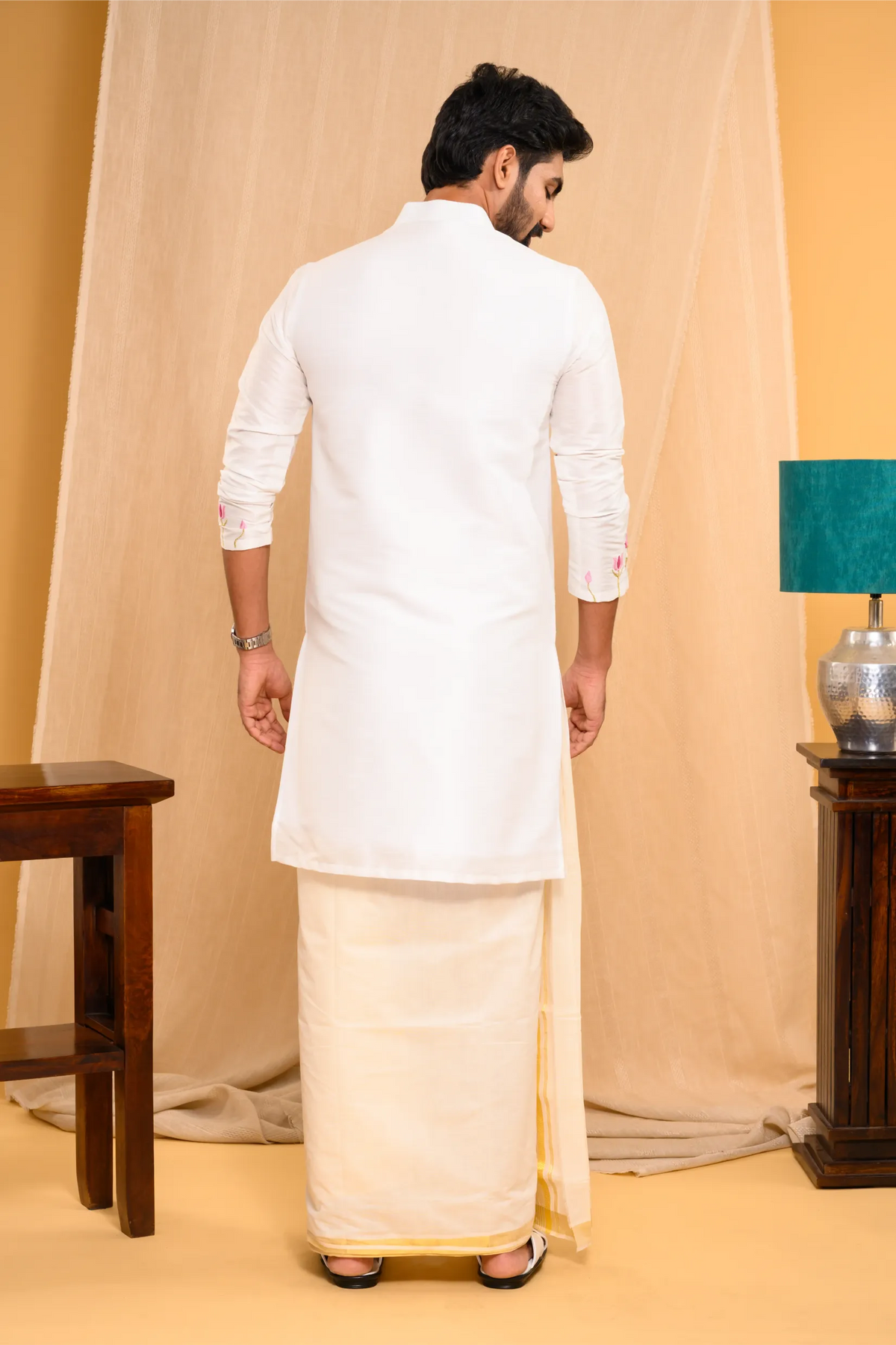 Off- White Silk Kurta with floral embroidery detailing  on sleeves & bottom edges  (Kurta + Munde)