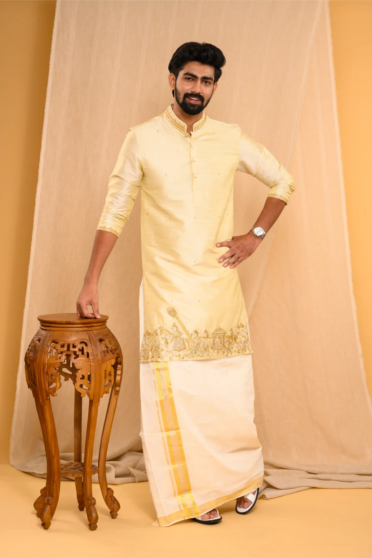 Golden Silk Kurta with Heavy Hand Embroidery detailing on placket & sleeve edge (Kurta Only)