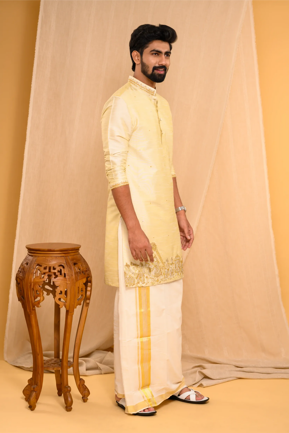 Golden Silk Kurta with Heavy Hand Embroidery detailing on placket & sleeve edge (Kurta Only)