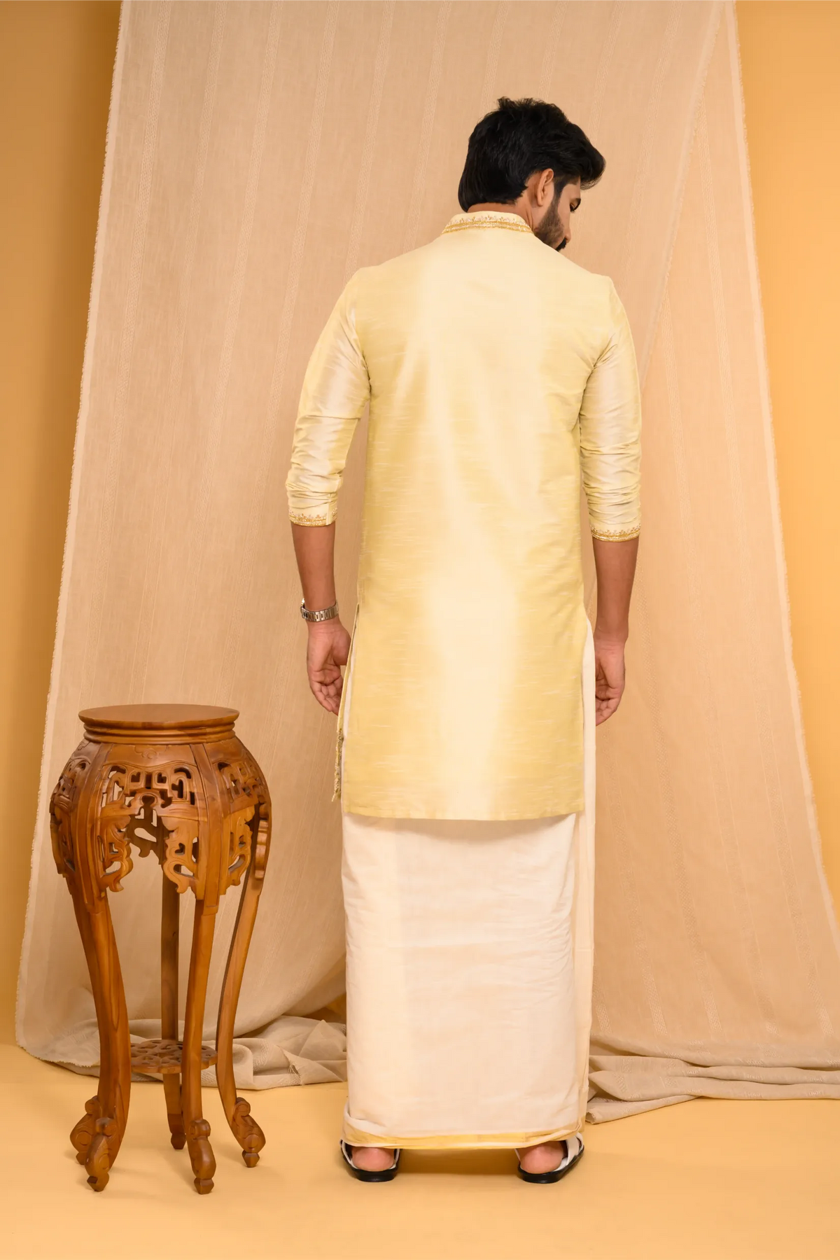 Golden Silk Kurta with Heavy Hand Embroidery detailing on placket & sleeve edge (Kurta Only)
