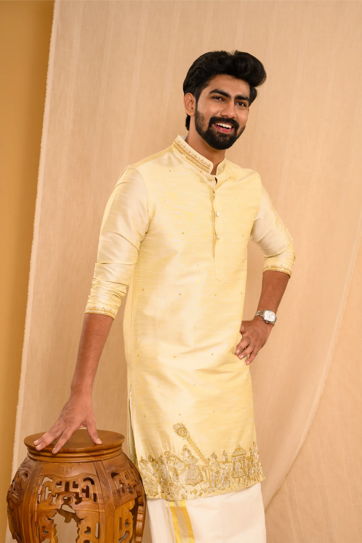 Golden Silk Kurta with Heavy Hand Embroidery detailing on placket & sleeve edge (Kurta + Munde)