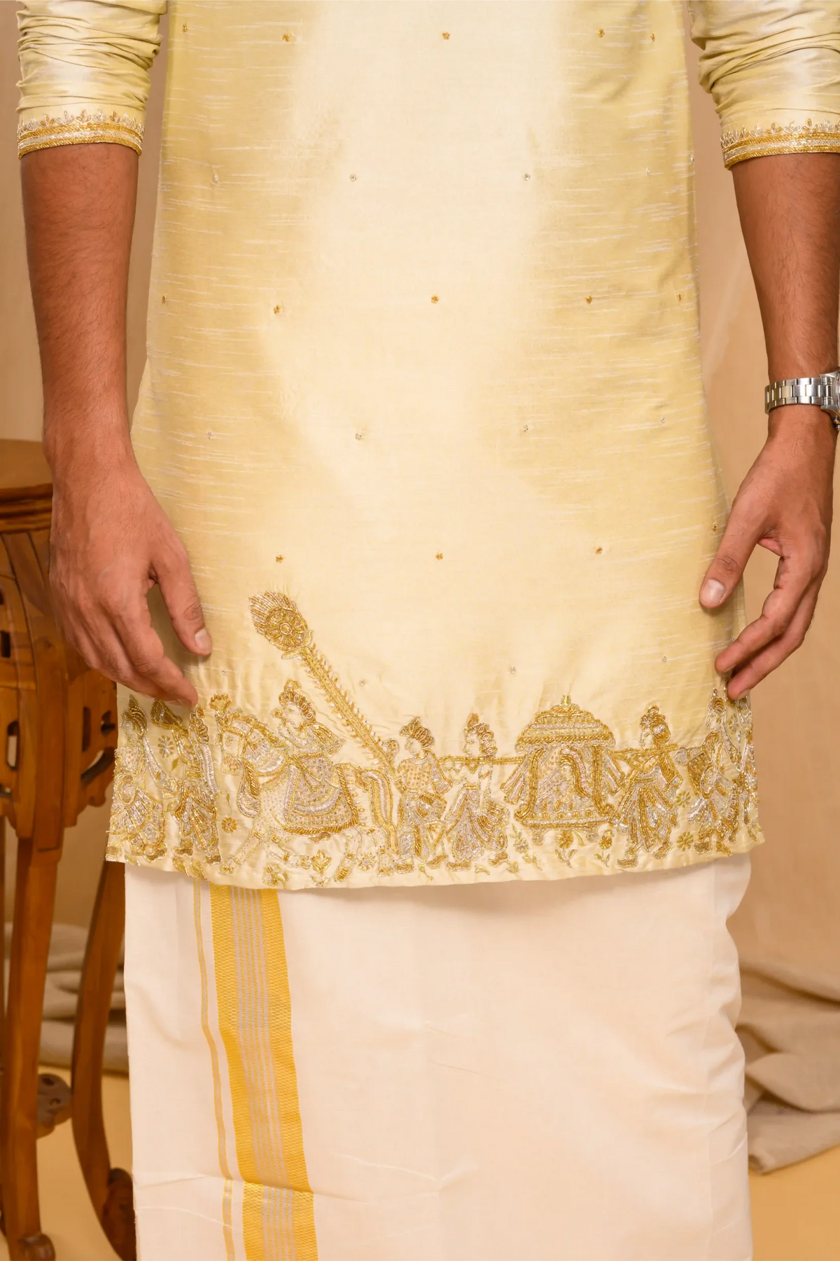 Golden Silk Kurta with Heavy Hand Embroidery detailing on placket & sleeve edge (Kurta Only)