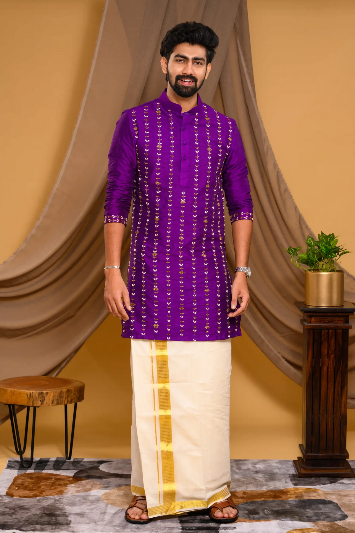 Purple Silk Kurta with Vertical Hand Embroidery detailing on Body & Sleeve edge (Kurta Only)