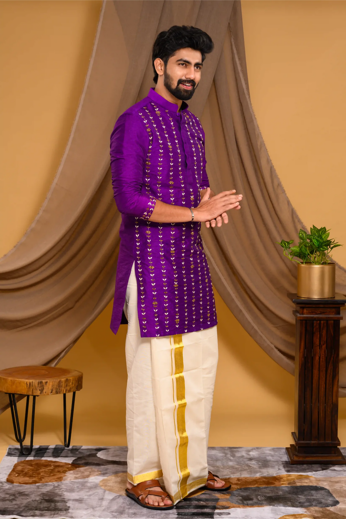 Purple Silk Kurta with Vertical Hand Embroidery detailing on Body & Sleeve edge (Kurta Only)