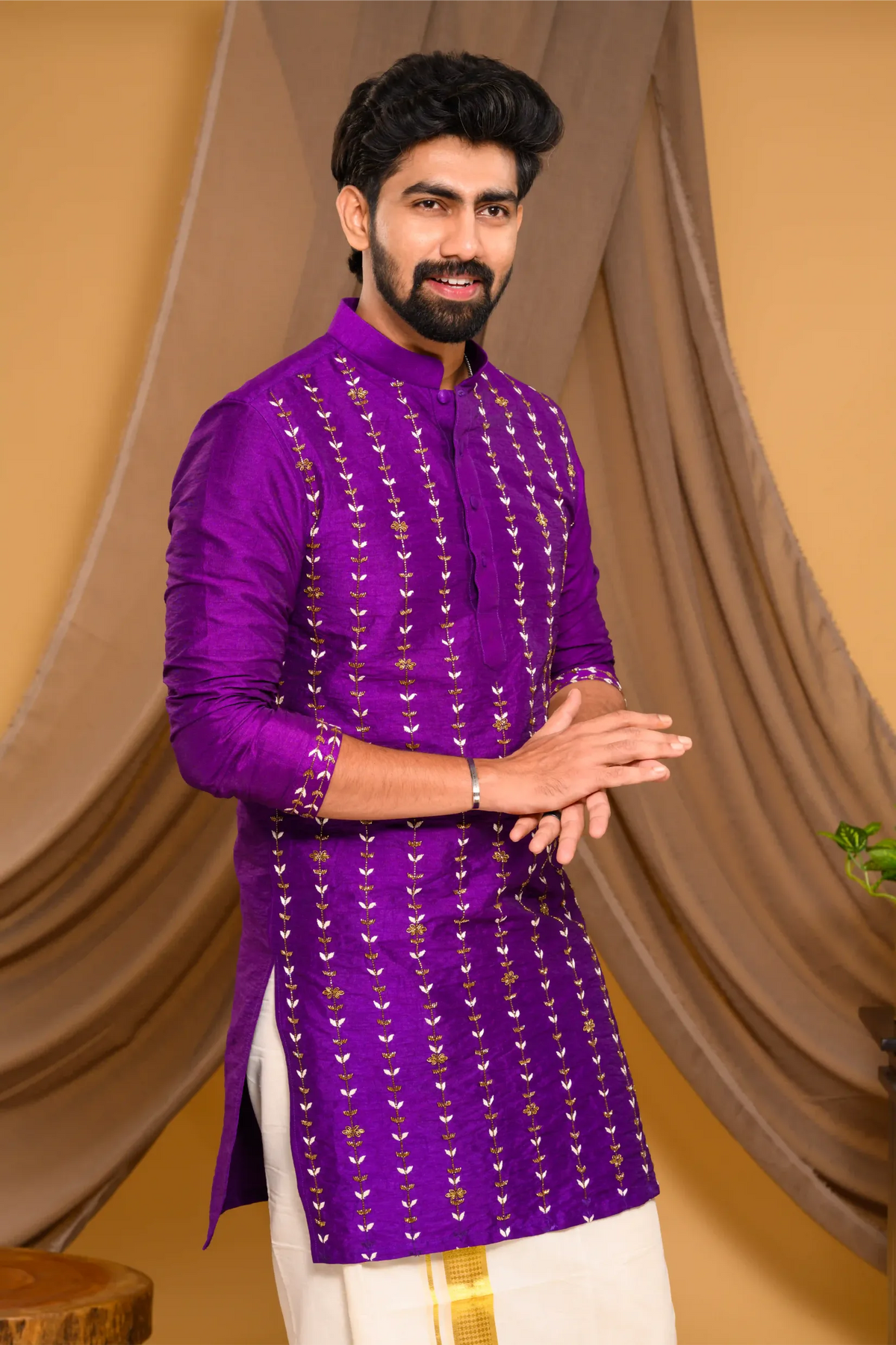 Purple Silk Kurta with Vertical Hand Embroidery detailing on Body & Sleeve edge (Kurta + Munde)