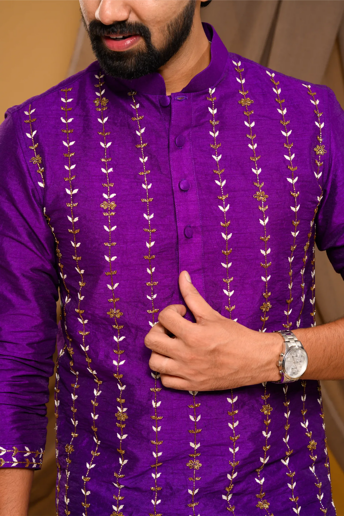 Purple Silk Kurta with Vertical Hand Embroidery detailing on Body & Sleeve edge (Kurta + Munde)