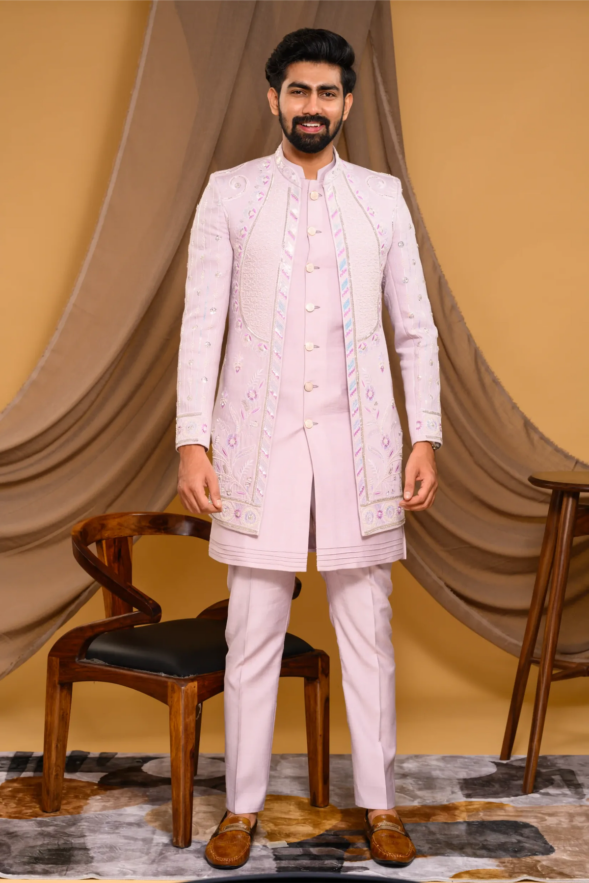 Embroidered Pastel Lavender Shade Open Indo Western Slim Jacket paired with Kurta & Narrow Pants  (Set of 3)