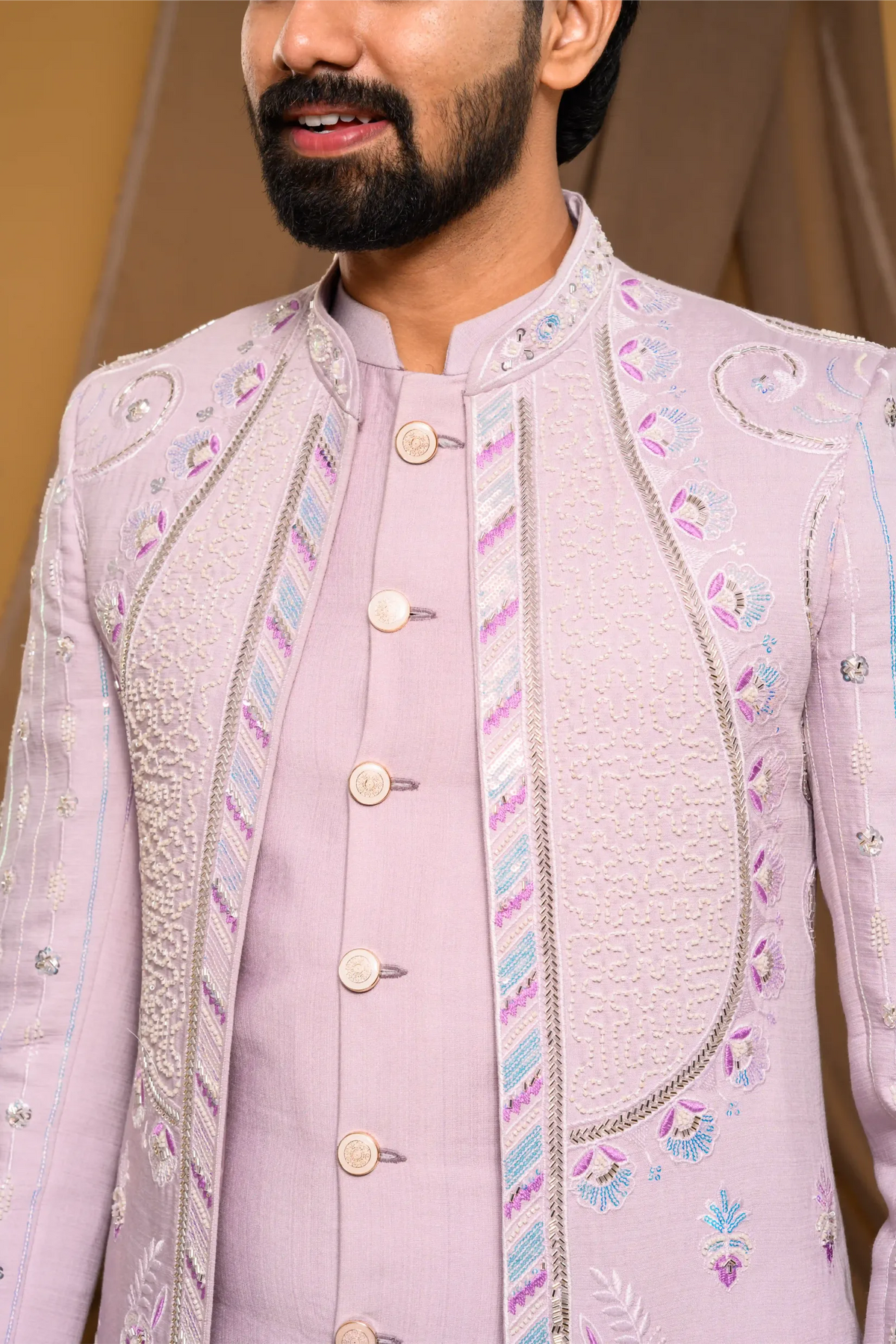 Embroidered Pastel Lavender Shade Open Indo Western Slim Jacket paired with Kurta & Narrow Pants  (Set of 3)