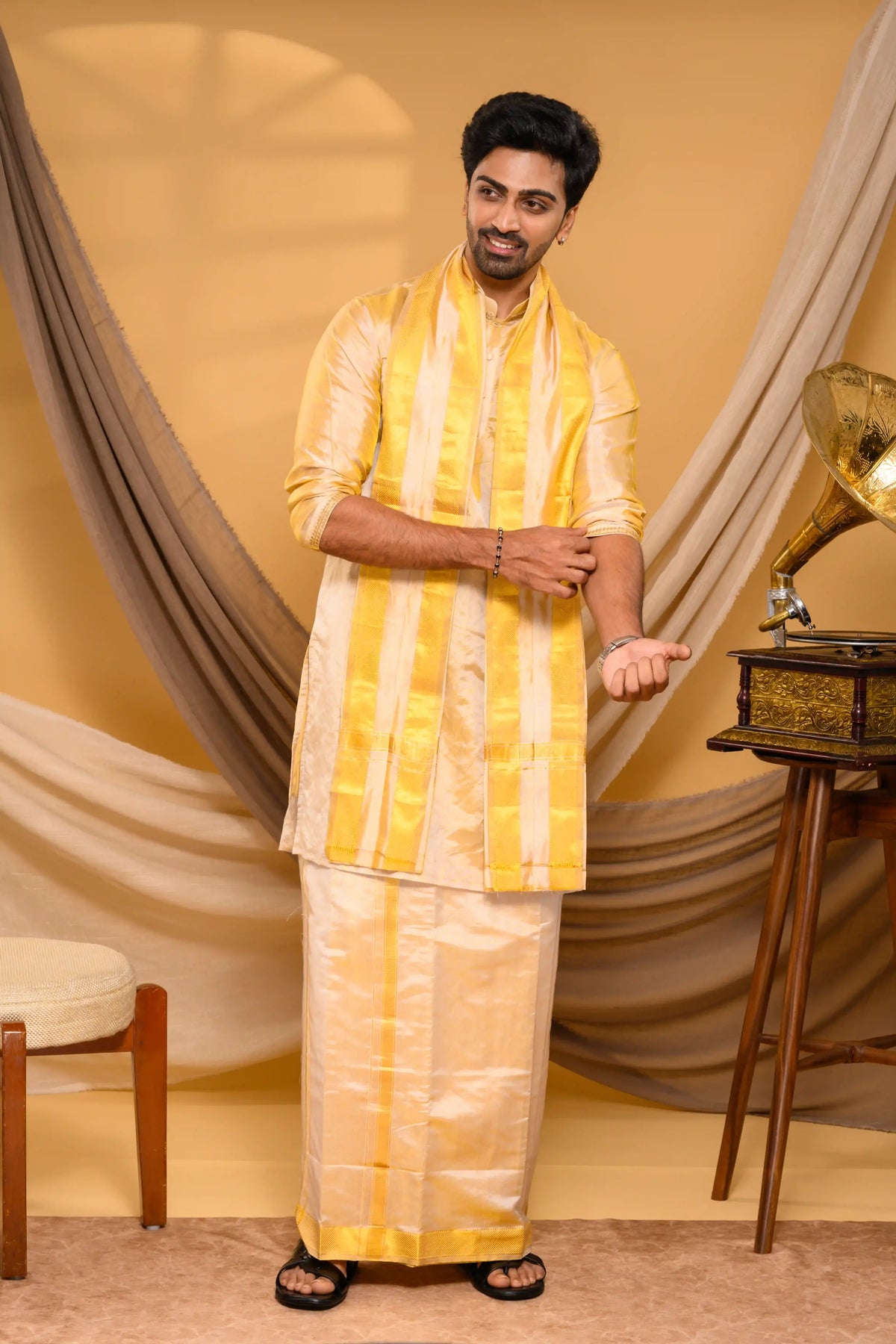 Golden Tissue Silk Kurta with Lotus Motif on Chest (Kurta + Munde + Melmunde)