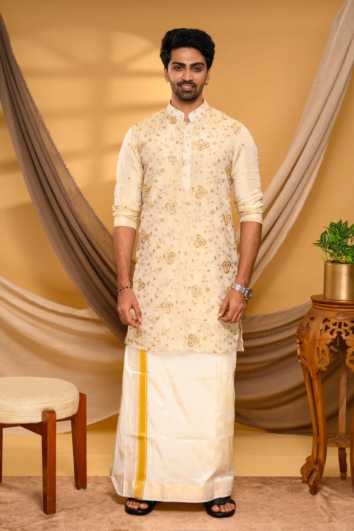 Golden Tissue Silk Kurta with Surface detailing on Body (Kurta + Munde)