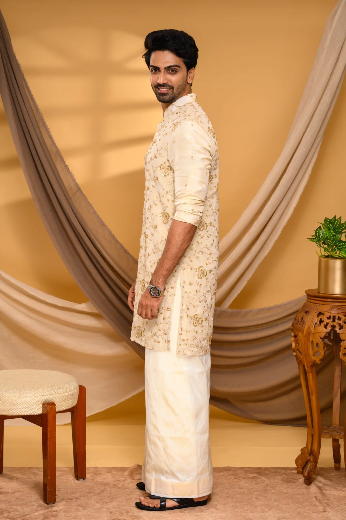 Golden Tissue Silk Kurta with Surface detailing on Body (Kurta + Munde)