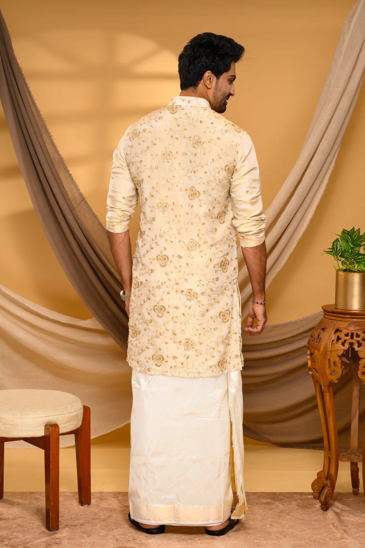 Golden Tissue Silk Kurta with Surface detailing on Body (Kurta + Munde)