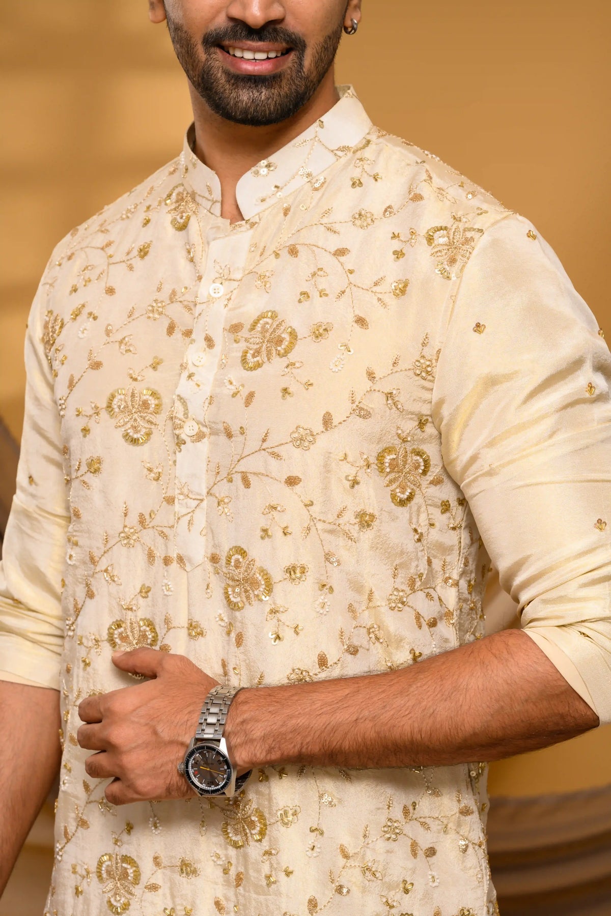 Golden Tissue Silk Kurta with Surface detailing on Body (Kurta + Munde)