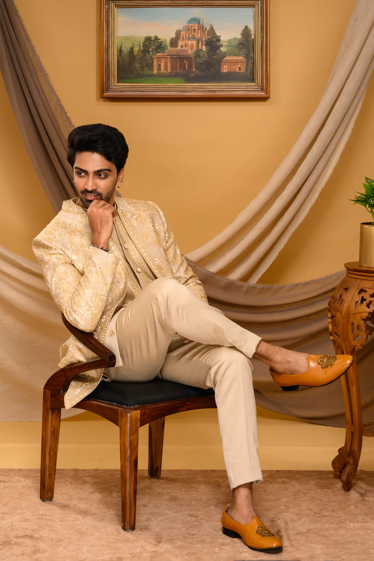 Golden Shade Open Indo Western Slim Jacket  paired with Kurta & Narrow Pants  (Set of 3)