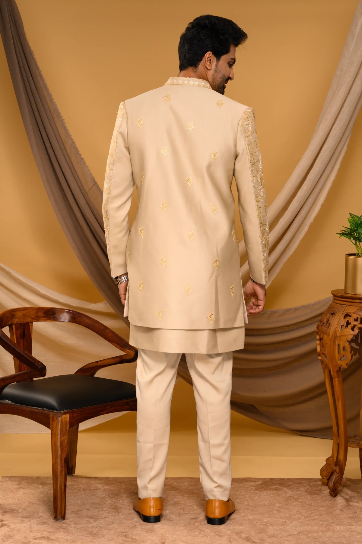 Golden Shade Open Indo Western Slim Jacket  paired with Kurta & Narrow Pants  (Set of 3)
