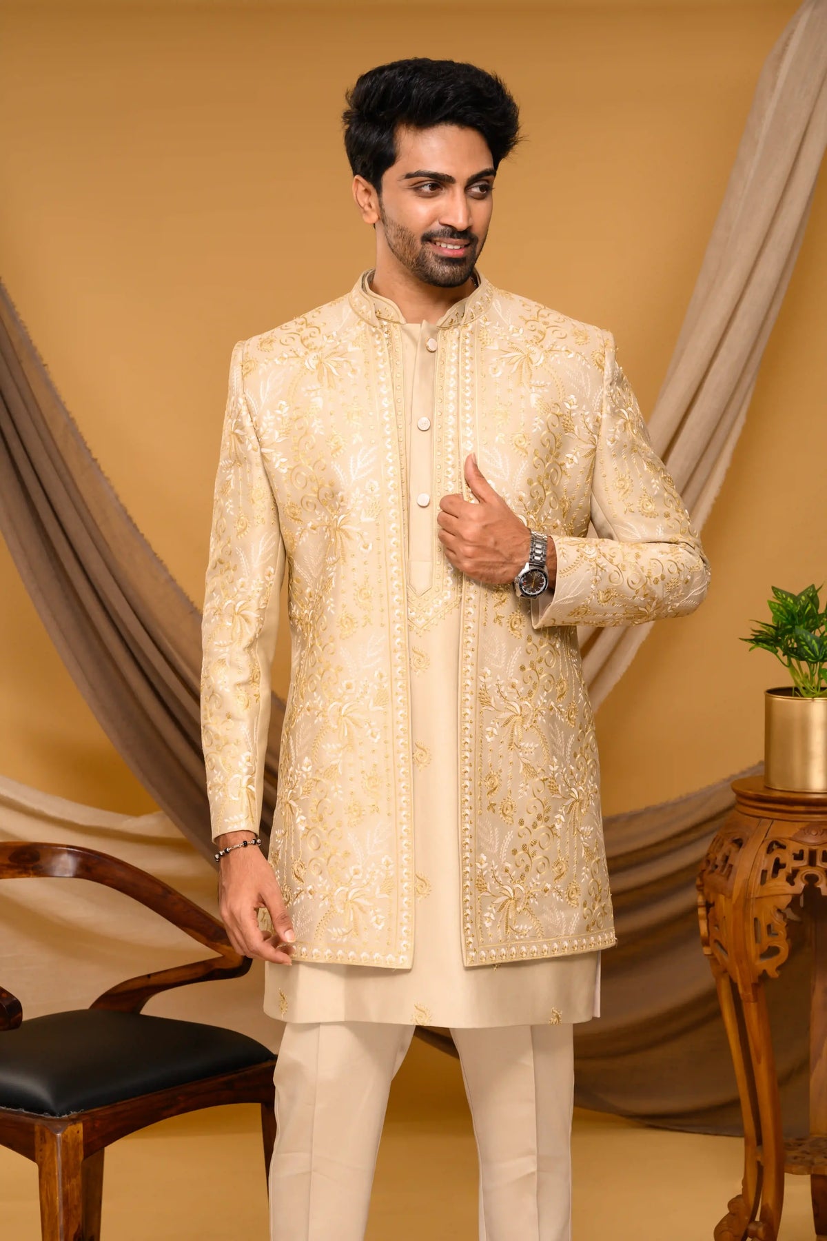Golden Shade Open Indo Western Slim Jacket  paired with Kurta & Narrow Pants  (Set of 3)