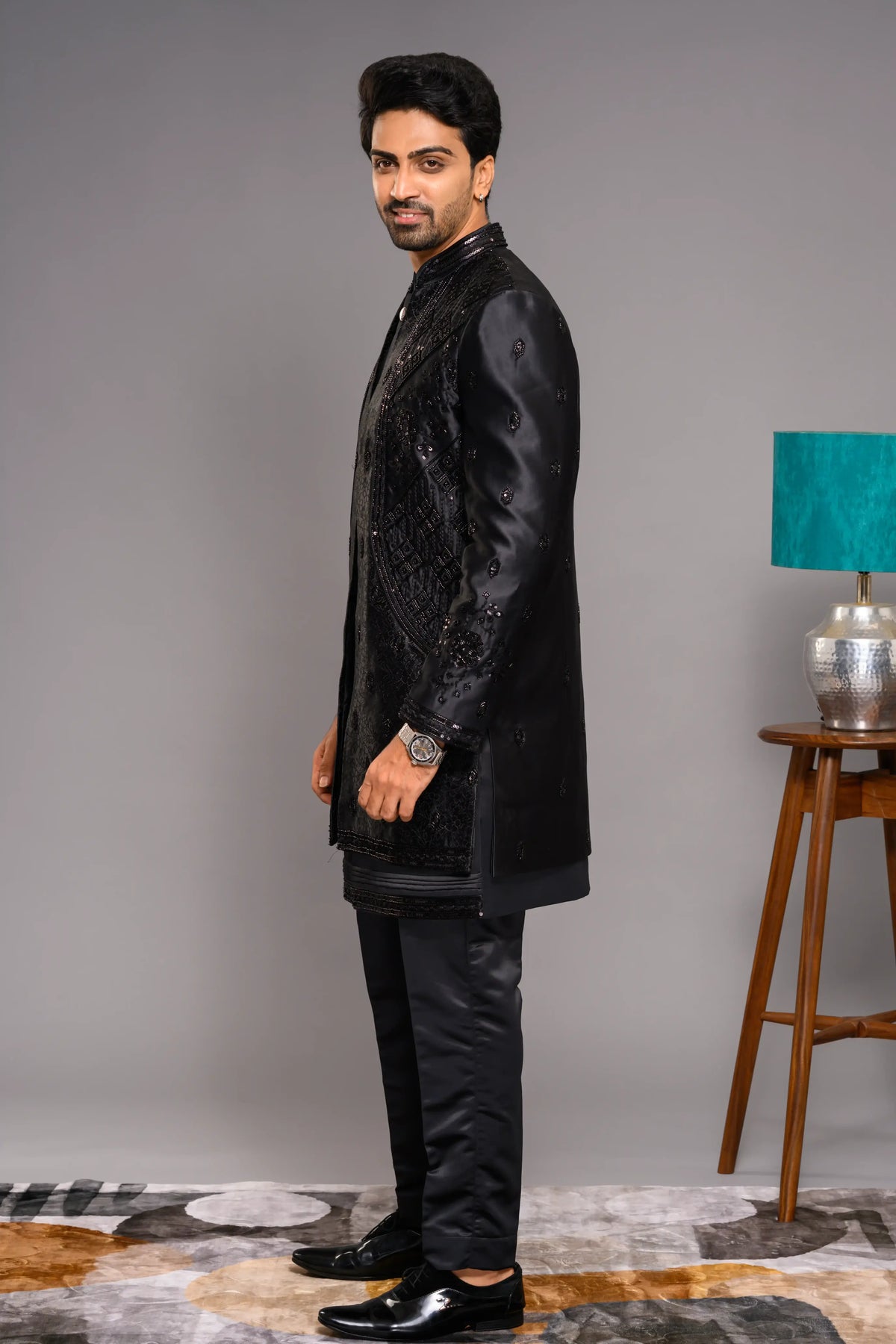 Jet Black Shade Open Indo Western Slim Jacket  paired with Kurta & Narrow Pants (Set of 3)