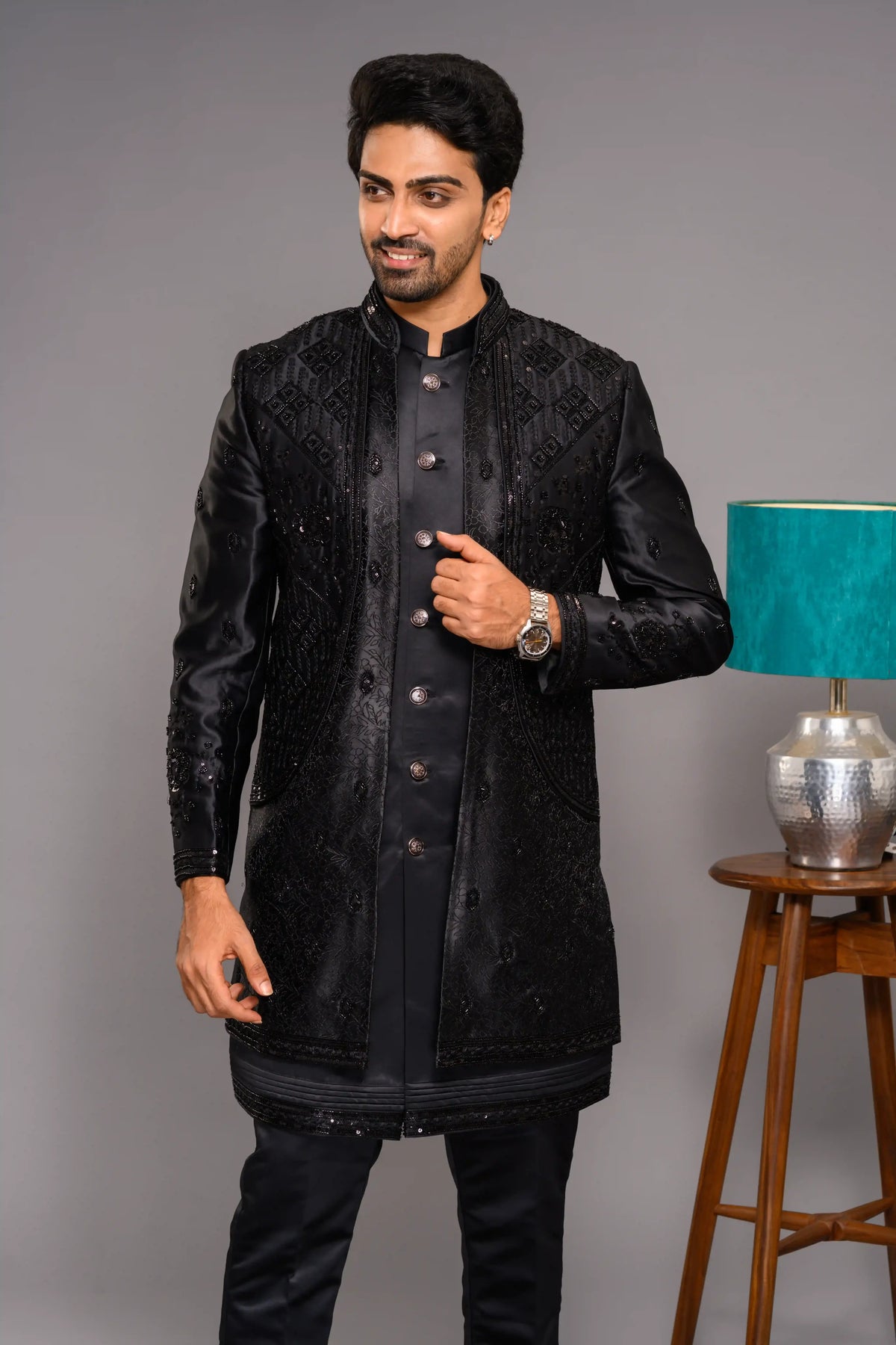 Jet Black Shade Open Indo Western Slim Jacket  paired with Kurta & Narrow Pants (Set of 3)