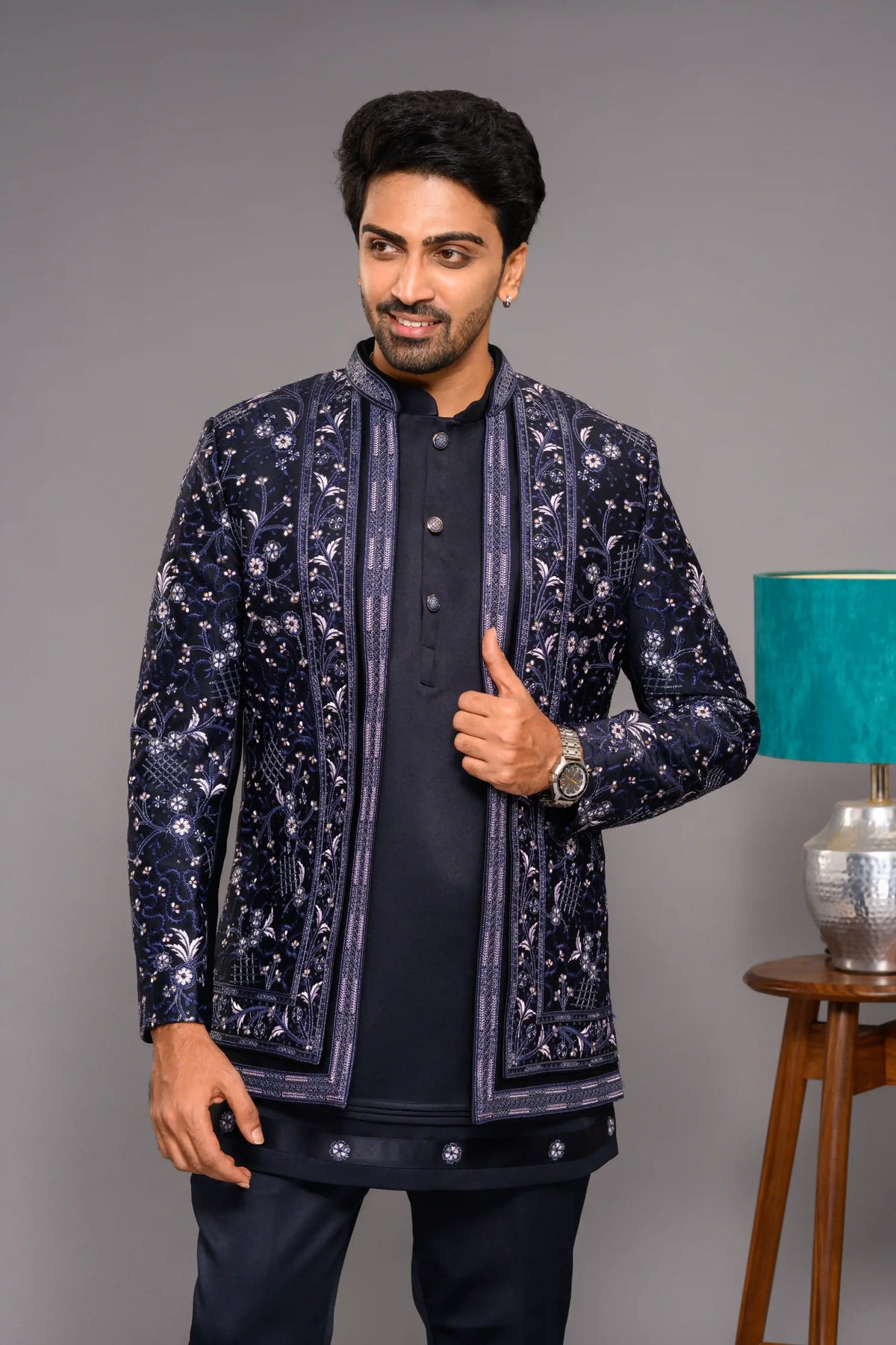 Midnight Blue Open Indo Western Slim Jacket  paired with Kurta & Narrow Pants (Set of 3)