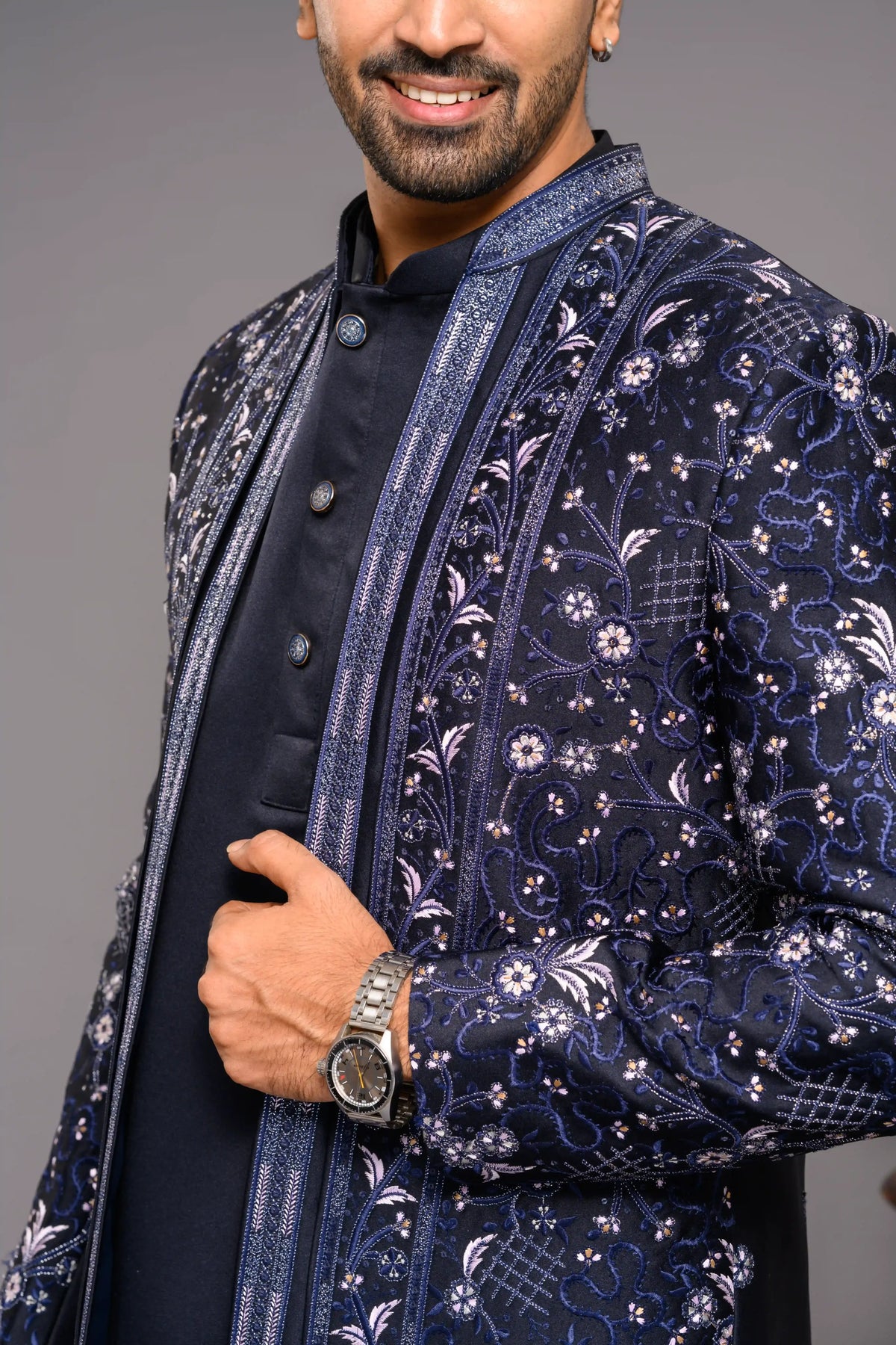 Midnight Blue Open Indo Western Slim Jacket  paired with Kurta & Narrow Pants (Set of 3)
