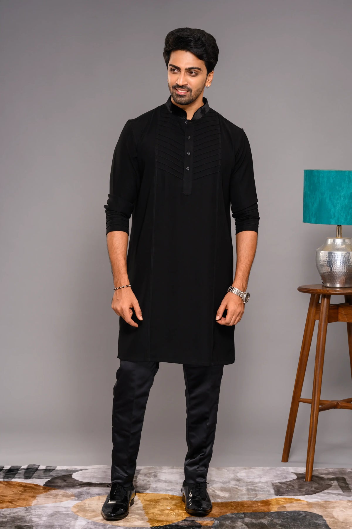Designer Black Kurta with Self Tuck design detailed in Velvet  Neck & Sleeve edge (Kurta + Narrow Pants)