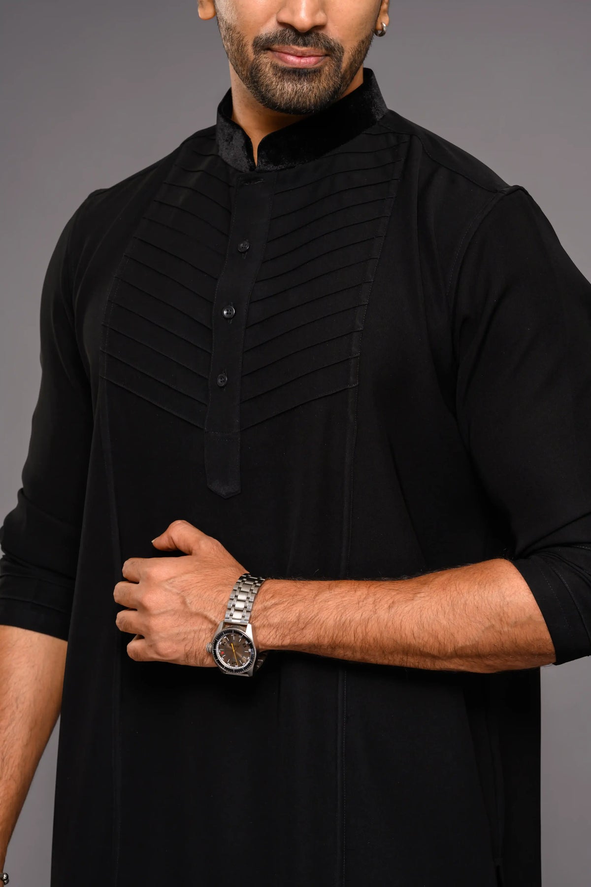 Designer Black Kurta with Self Tuck design detailed in Velvet  Neck & Sleeve edge (Kurta Only)