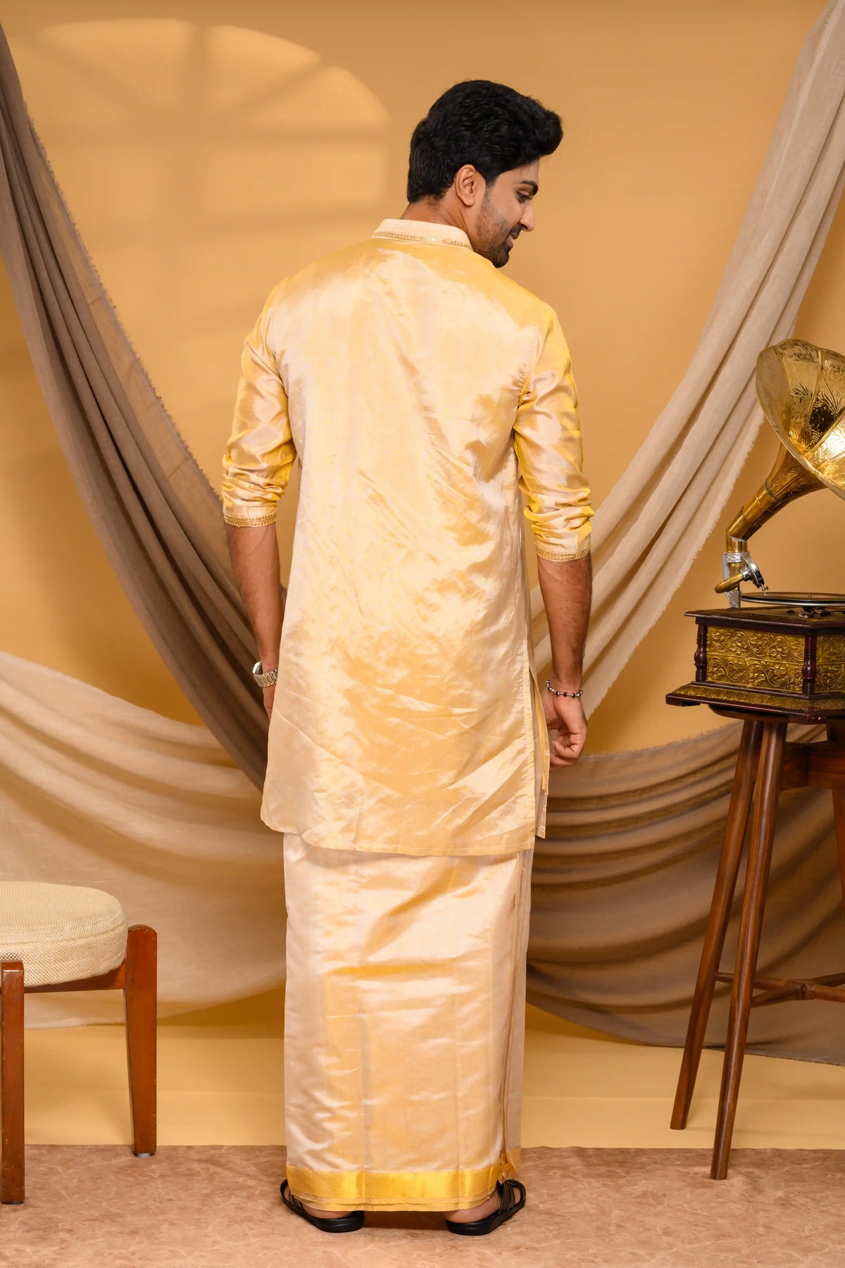 Golden Tissue Silk Kurta with Lotus Motif on Chest (Kurta + Munde + Melmunde)