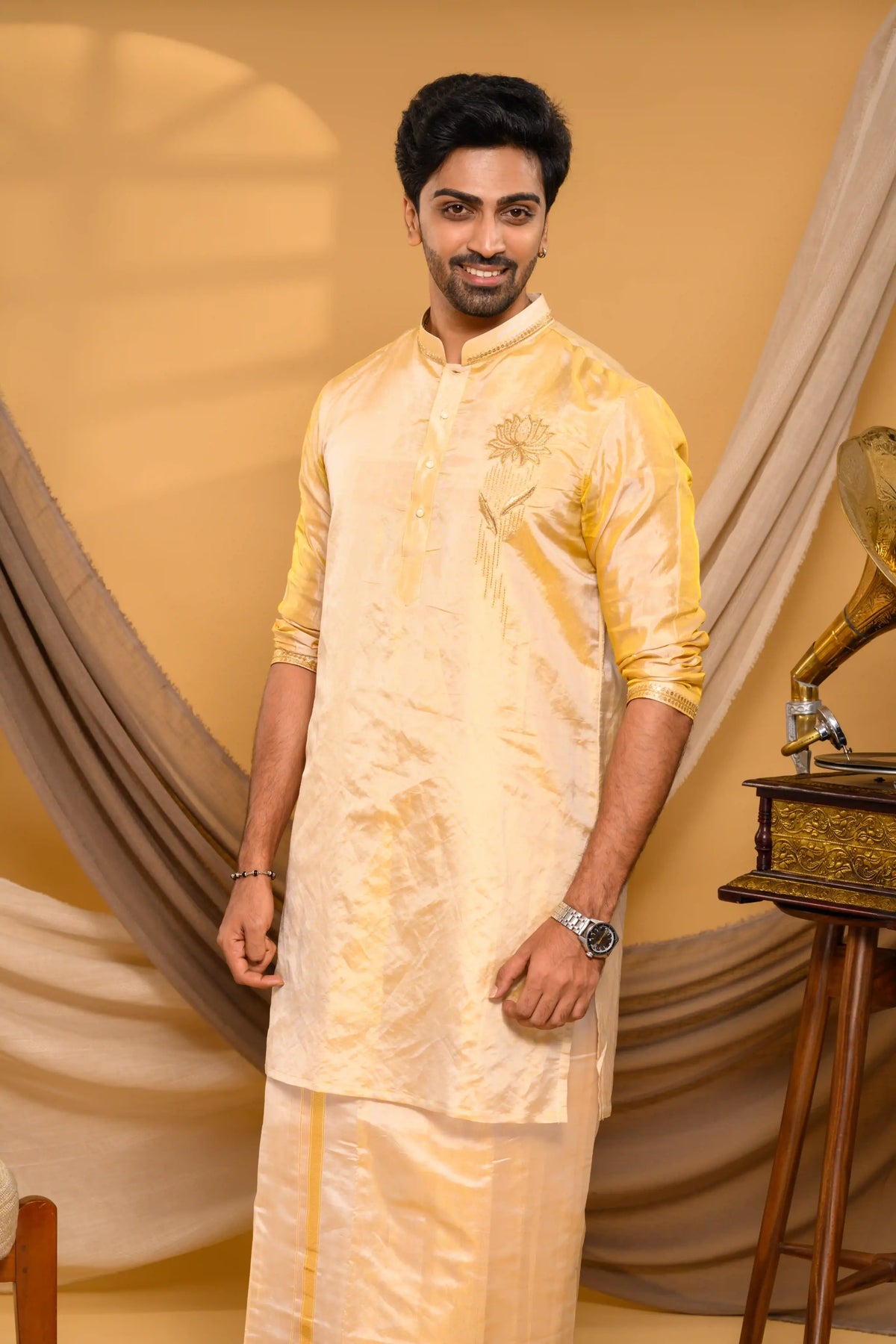 Golden Tissue Silk Kurta with Lotus Motif on Chest (Kurta + Munde + Melmunde)