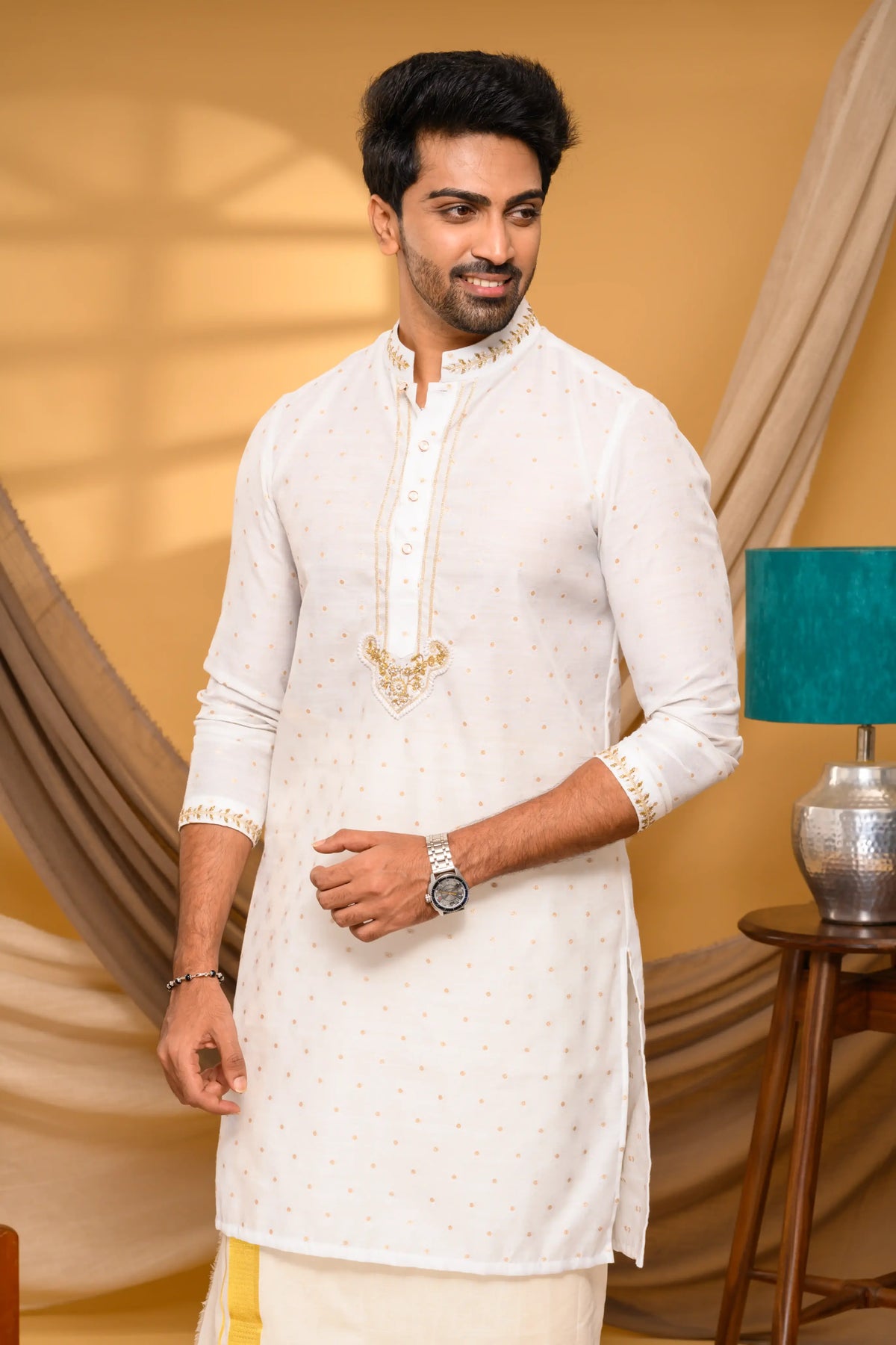 Ivory Shade Silk Kurta with floral buta hand work detailing (Kurta + Munde)
