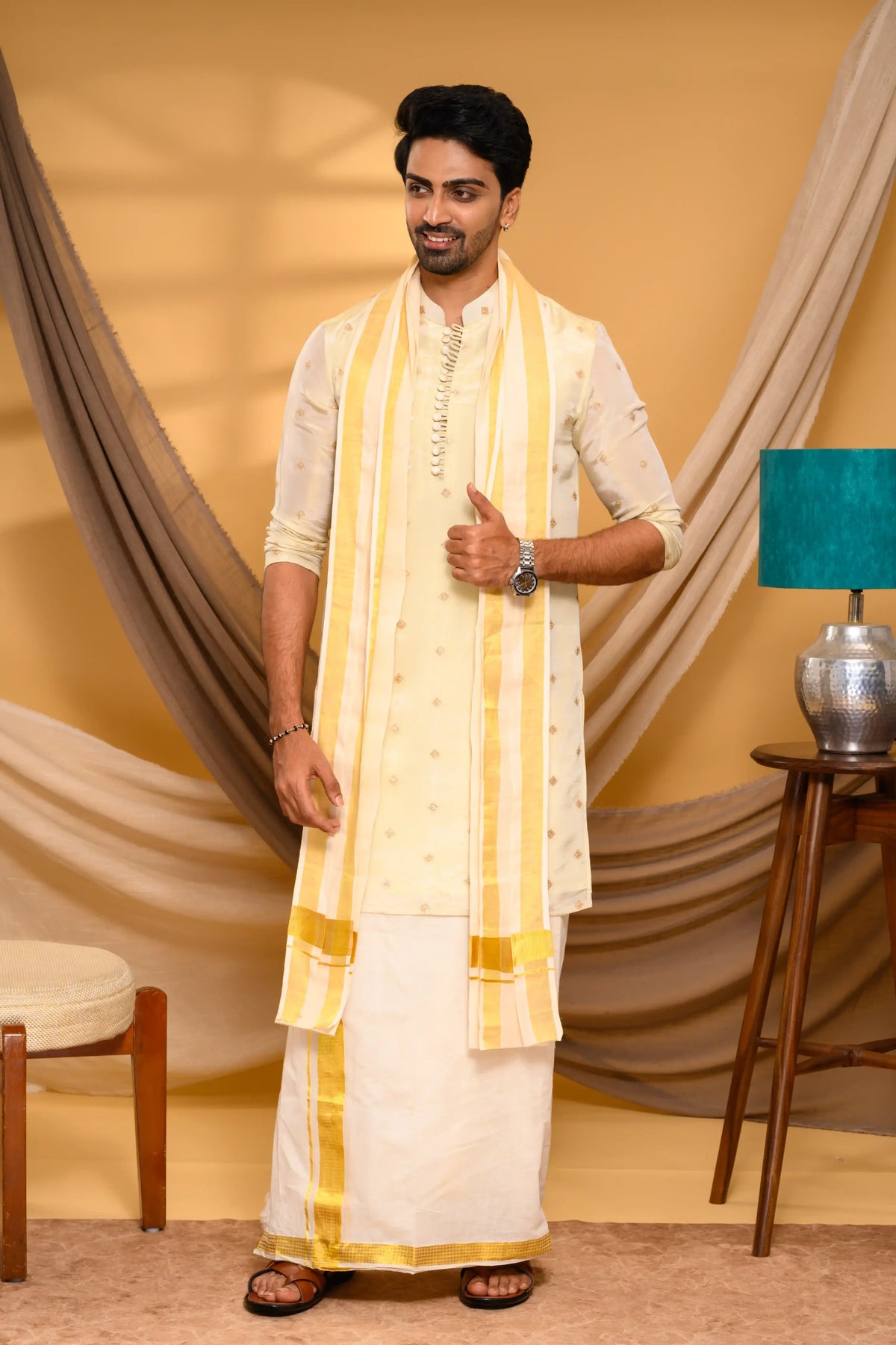 Light Golden Tissue Silk Kurta with Buta detailing  (Kurta + Munde + Melmunde)