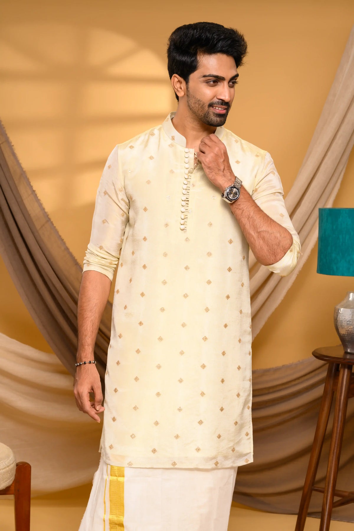 Light Golden Tissue Silk Kurta with Buta detailing  (Kurta + Munde + Melmunde)