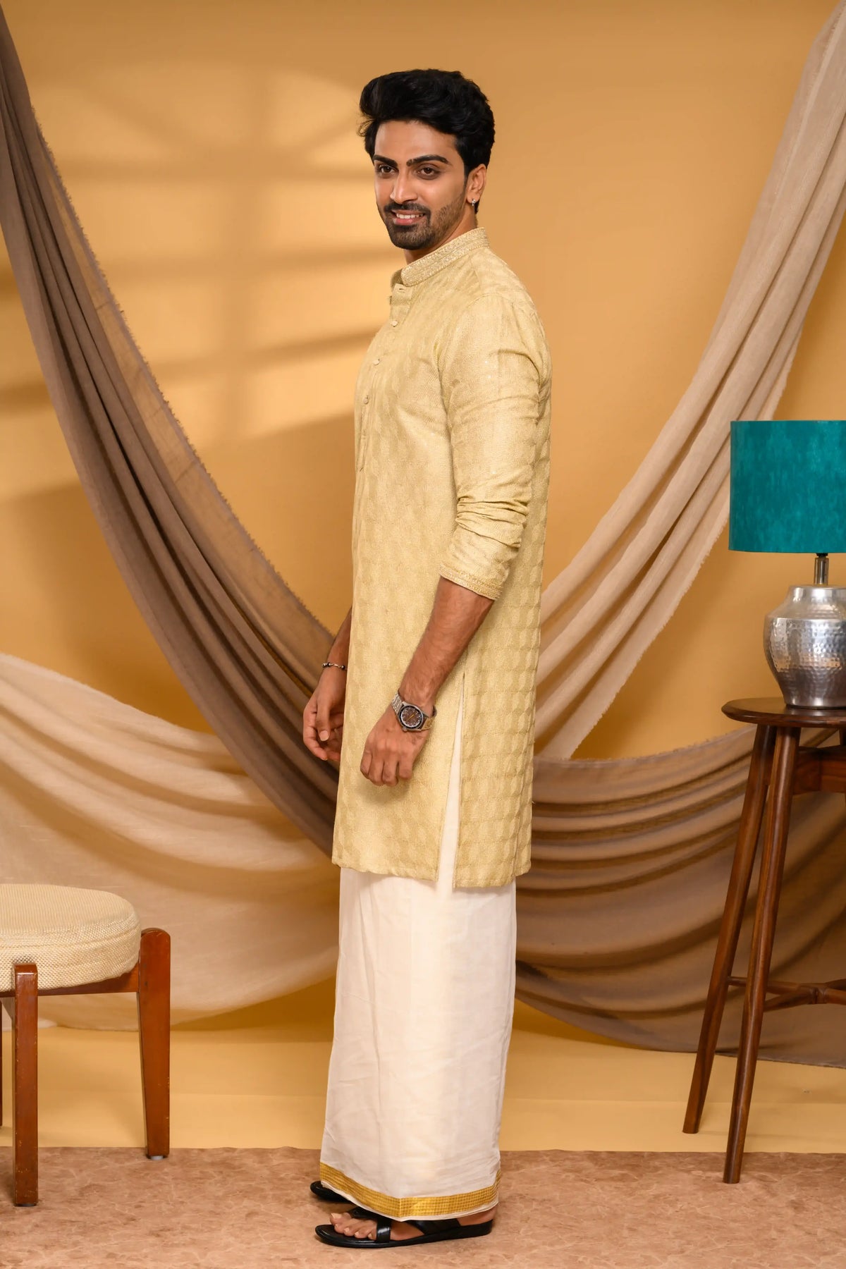 Golden Silk Kurta with all over Surface Embroidery & Neck/Sleeve Zari Detailing (Kurta Only)