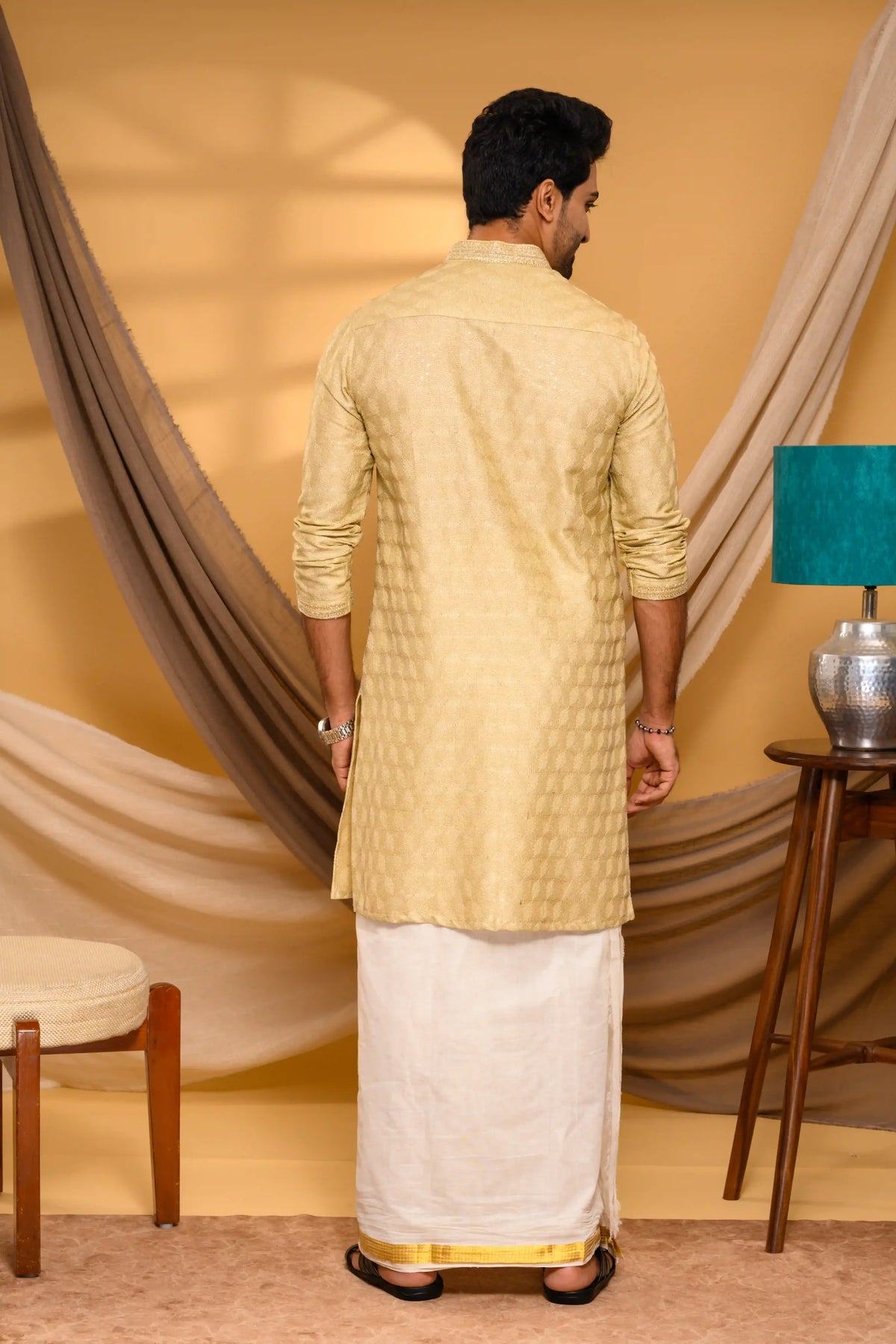 Golden Silk Kurta with all over Surface Embroidery & Neck/Sleeve Zari Detailing (Kurta Only)