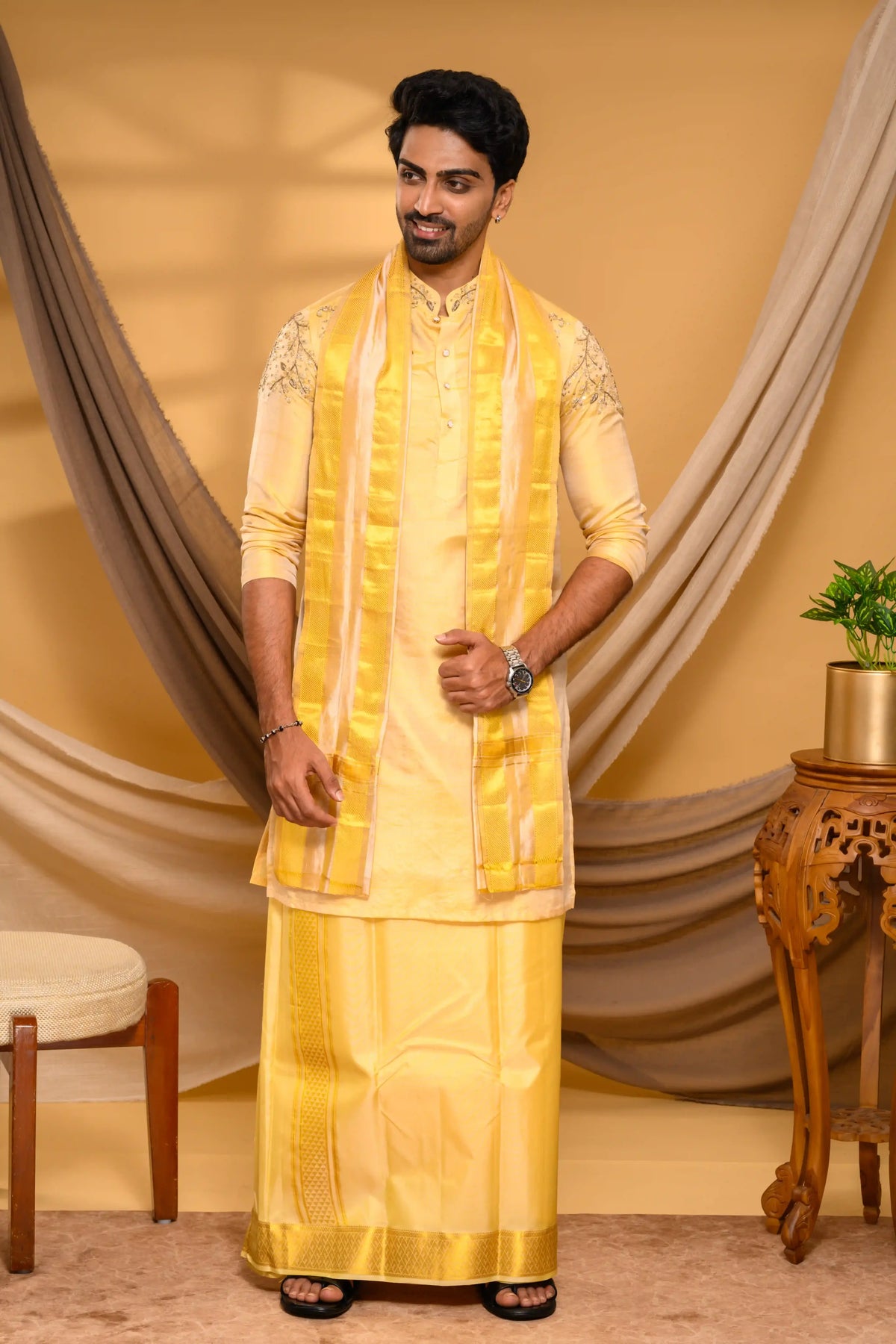 Golden Pure Silk Kurta with Heavy Floral Handwork Detailing on  Shoulders, Sleeves & Neck (Kurta Only)
