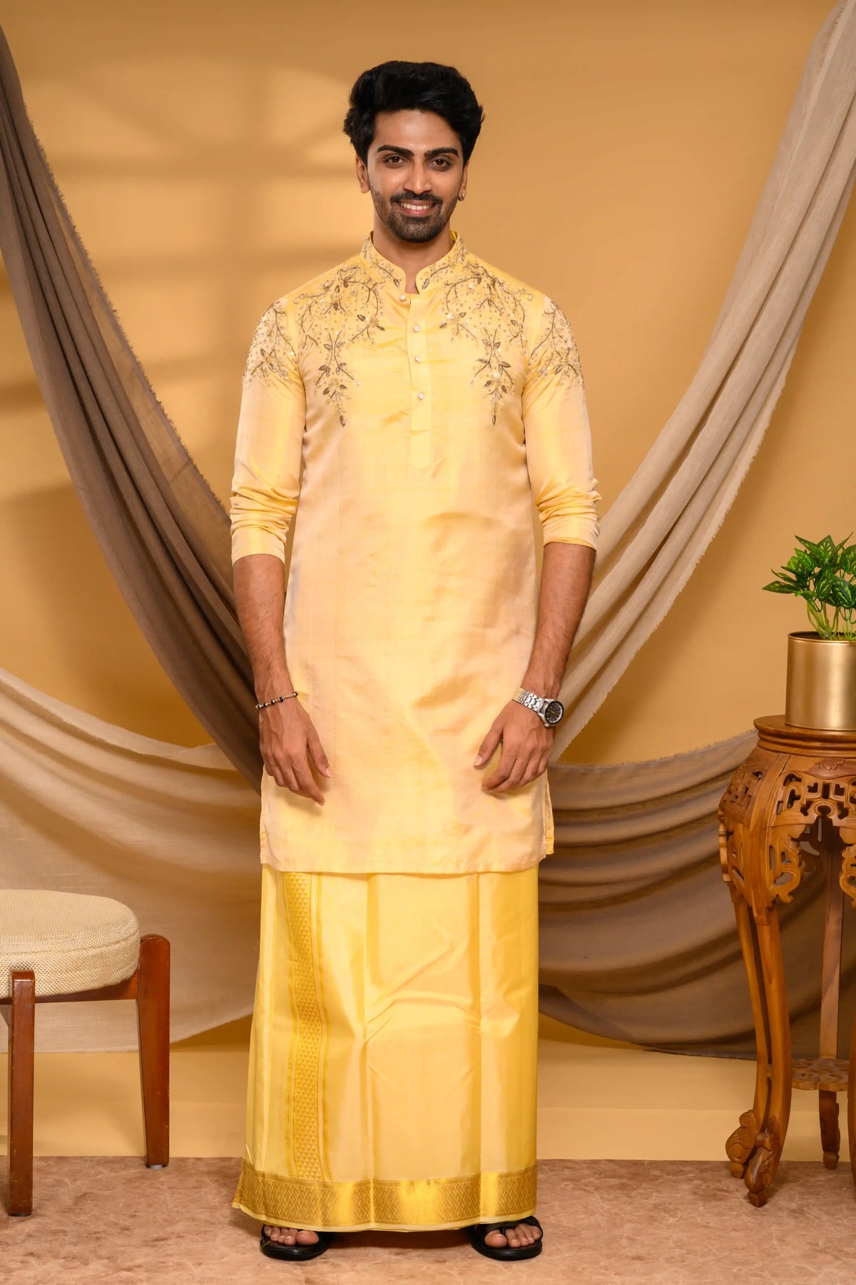 Golden Pure Silk Kurta with Heavy Floral Handwork Detailing on  Shoulders, Sleeves & Neck (Kurta + Munde + Melmunde)