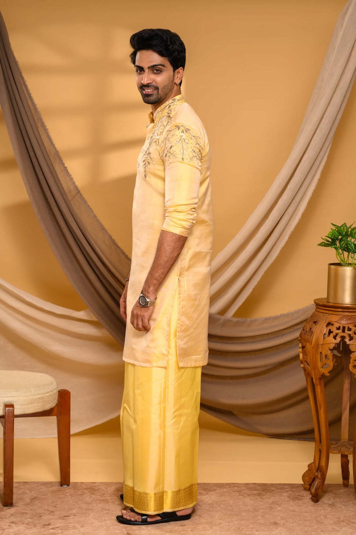 Golden Pure Silk Kurta with Heavy Floral Handwork Detailing on  Shoulders, Sleeves & Neck (Kurta Only)