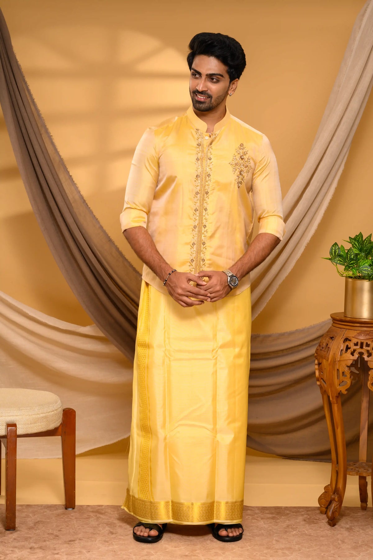 Golden Pure Silk Shirt with Heavy Floral Handwork Detailing on  Chest & Concealed Placket  (Shirt + Munde)