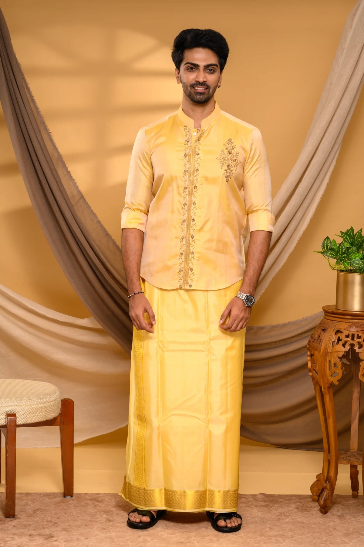 Golden Pure Silk Shirt with Heavy Floral Handwork Detailing on  Chest & Concealed Placket  (Shirt + Munde)