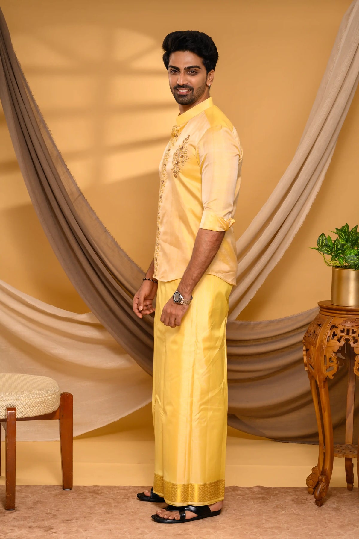 Golden Pure Silk Shirt with Heavy Floral Handwork Detailing on  Chest & Concealed Placket  (Shirt + Munde)
