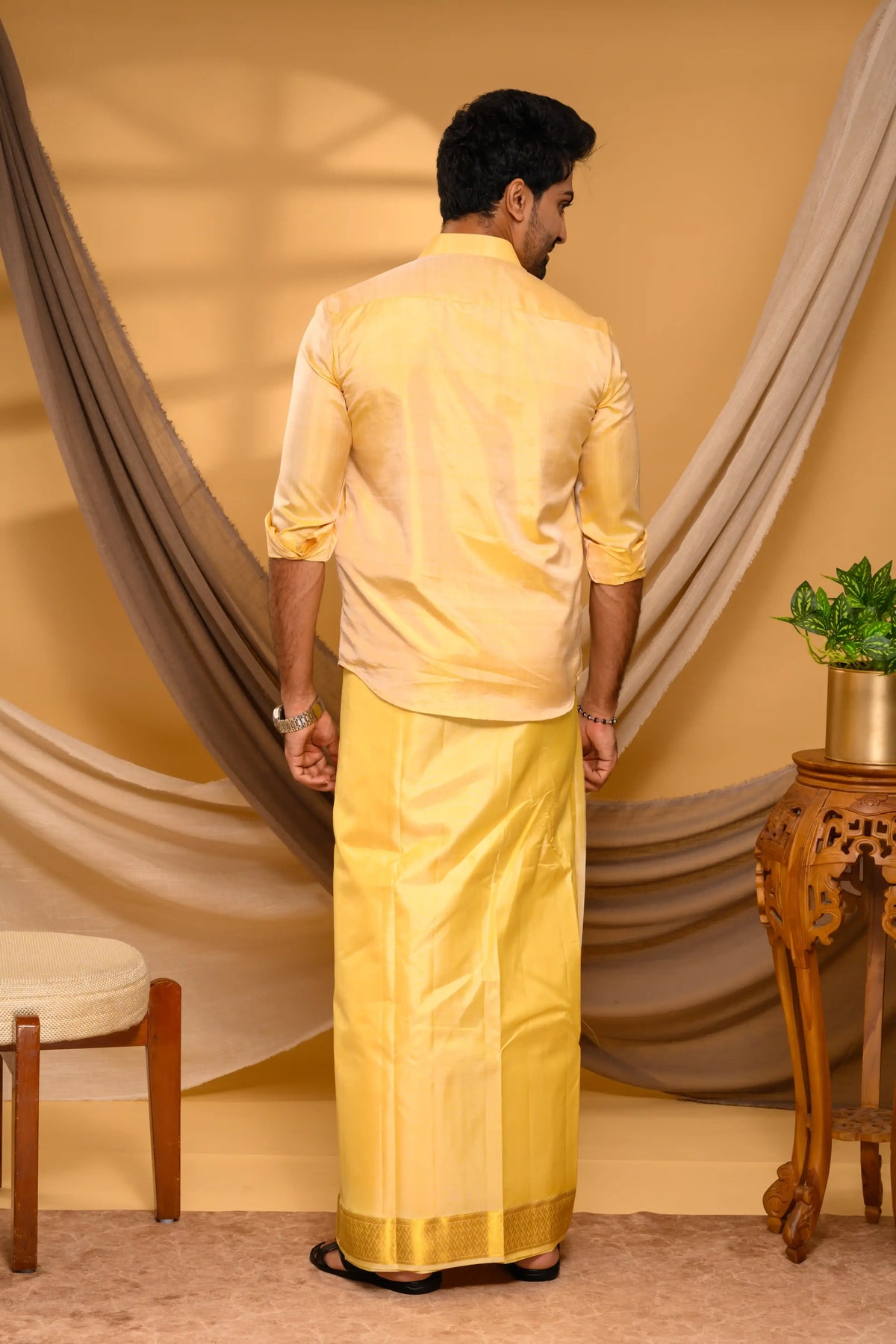 Golden Pure Silk Shirt with Heavy Floral Handwork Detailing on  Chest & Concealed Placket  (Shirt + Munde)