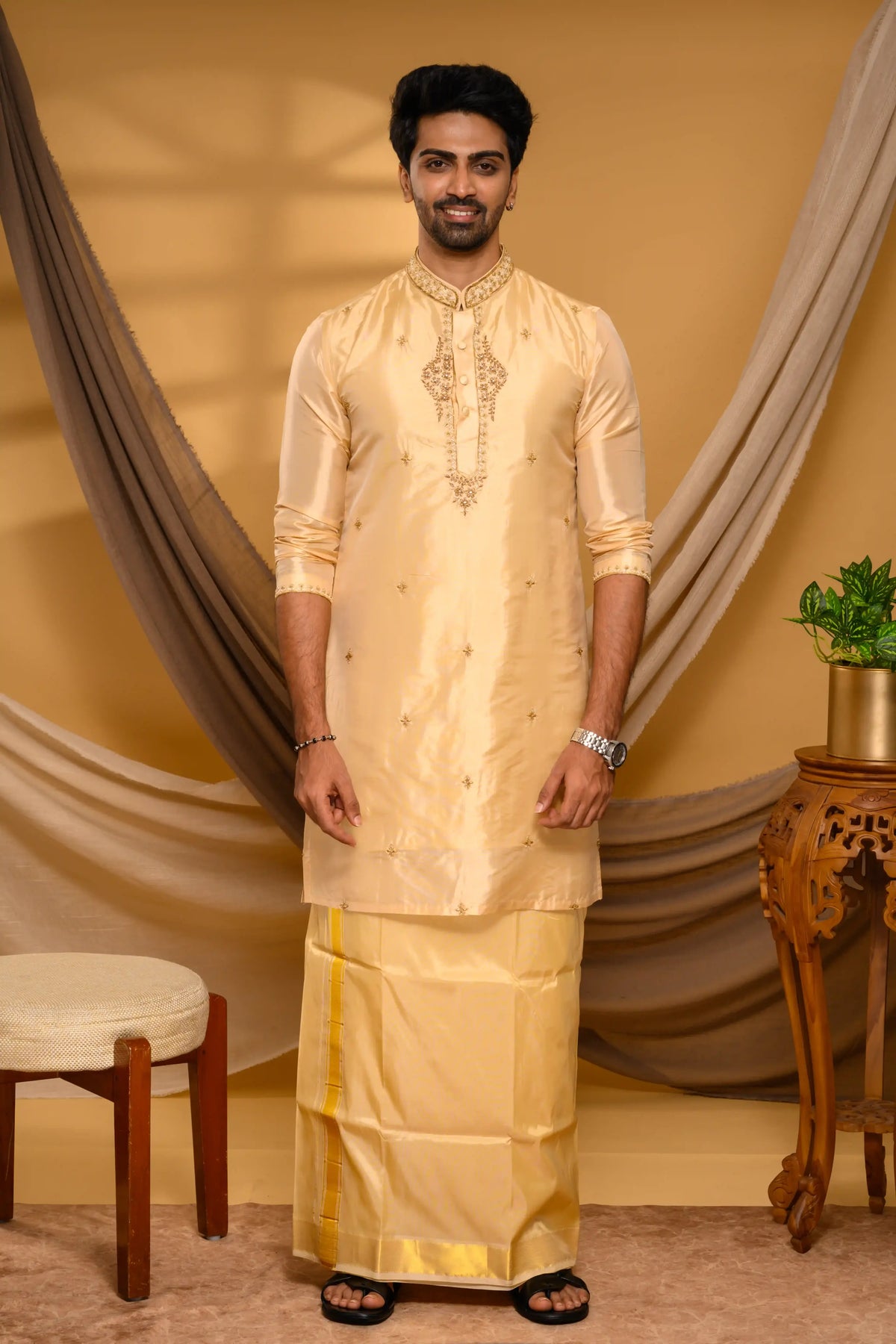 Light Golden Pure Silk Kurta with Heavy Floral Handwork Detailing on Neck, placket & sleeve edge (Kurta + Munde + Melmunde)
