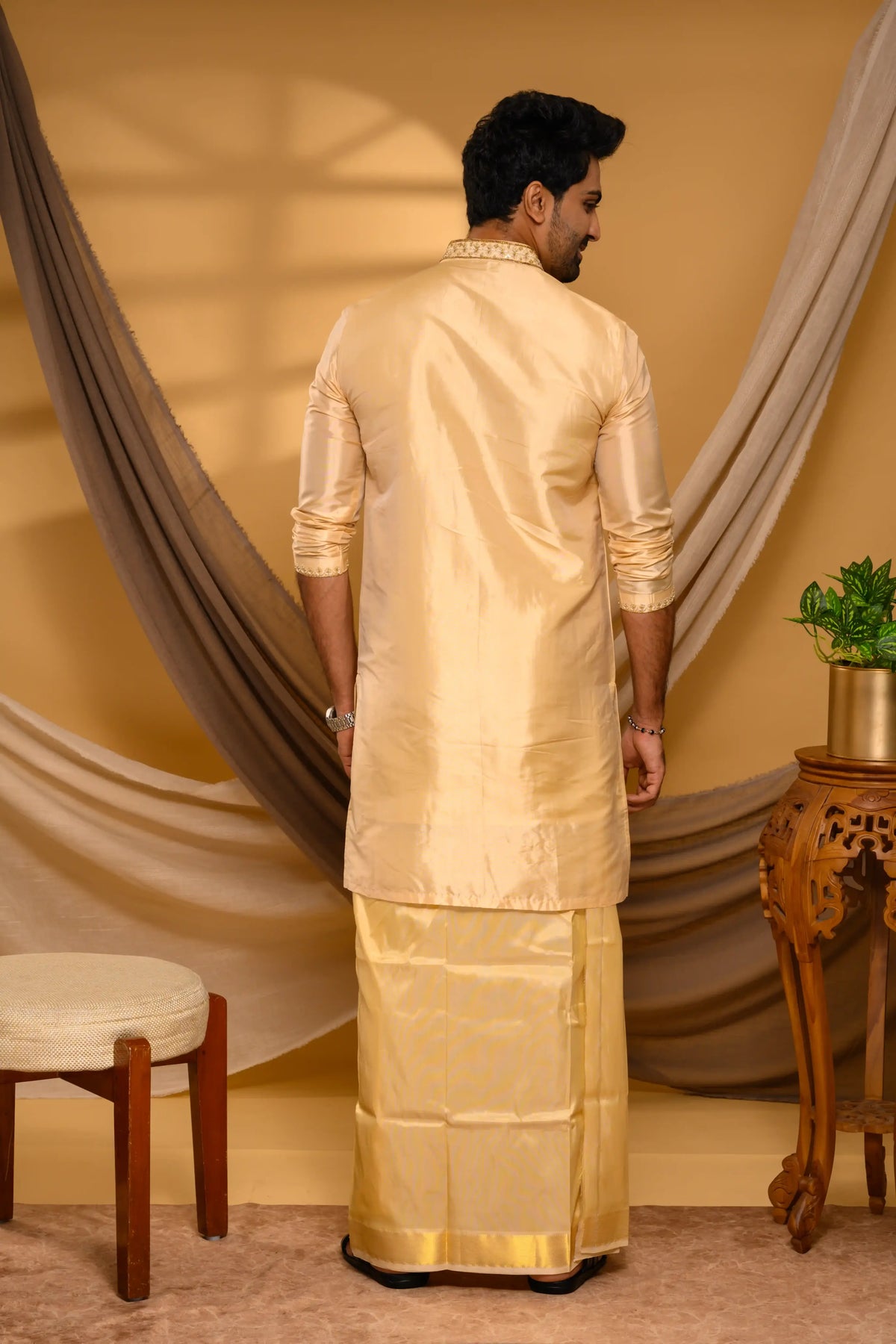 Light Golden Pure Silk Kurta with Heavy Floral Handwork Detailing on Neck, placket & sleeve edge (Kurta + Munde + Melmunde)