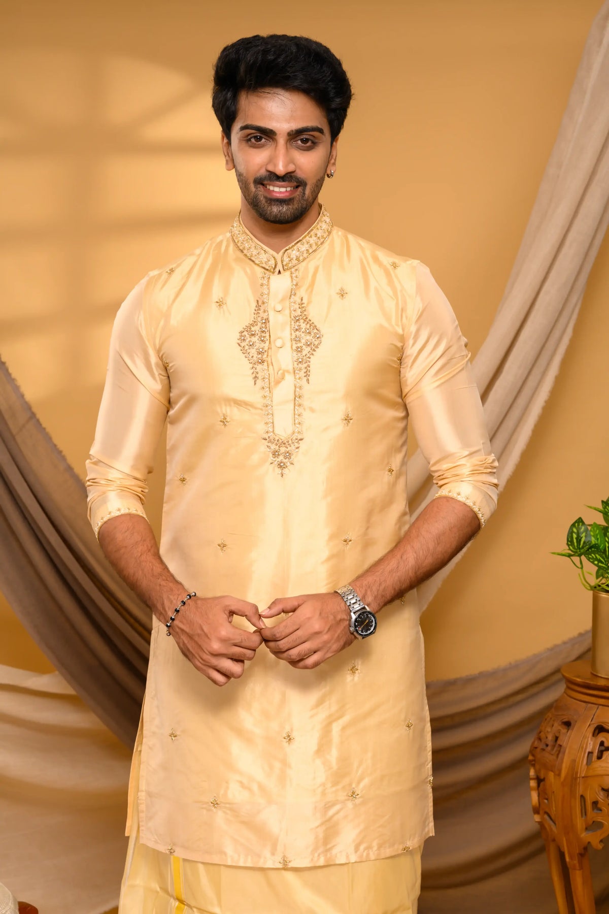 Light Golden Pure Silk Kurta with Heavy Floral Handwork Detailing on Neck, placket & sleeve edge (Kurta + Munde + Melmunde)