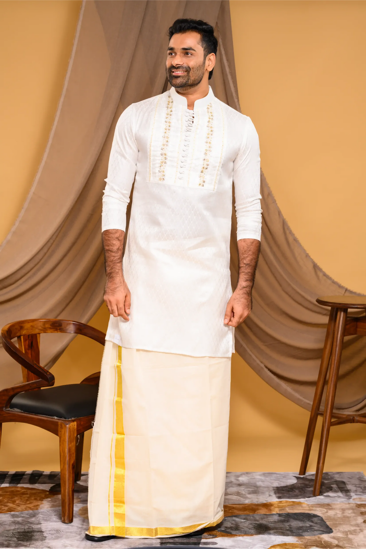 Ivory Silk Brocade Kurta with Heavy Golden Handwork detailing on wide Placket Border (Kurta Only)